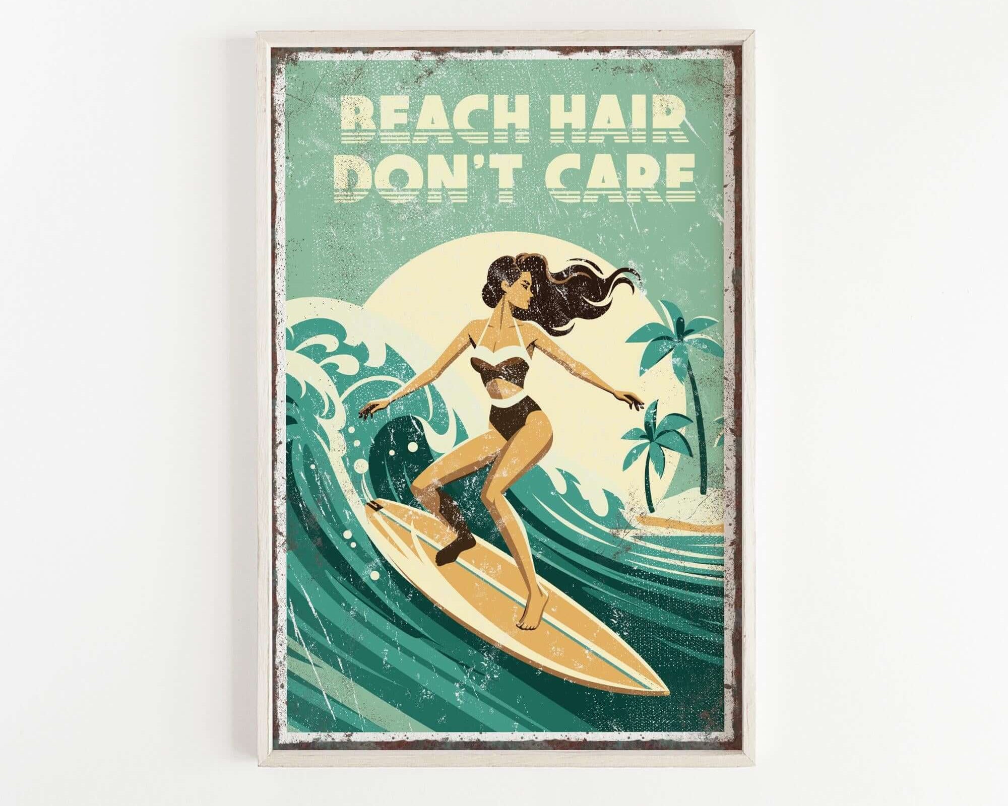 A vintage-style poster featuring a woman surfing on a wave, with the text "REACH HAIR DON'T CARE" prominently displayed.