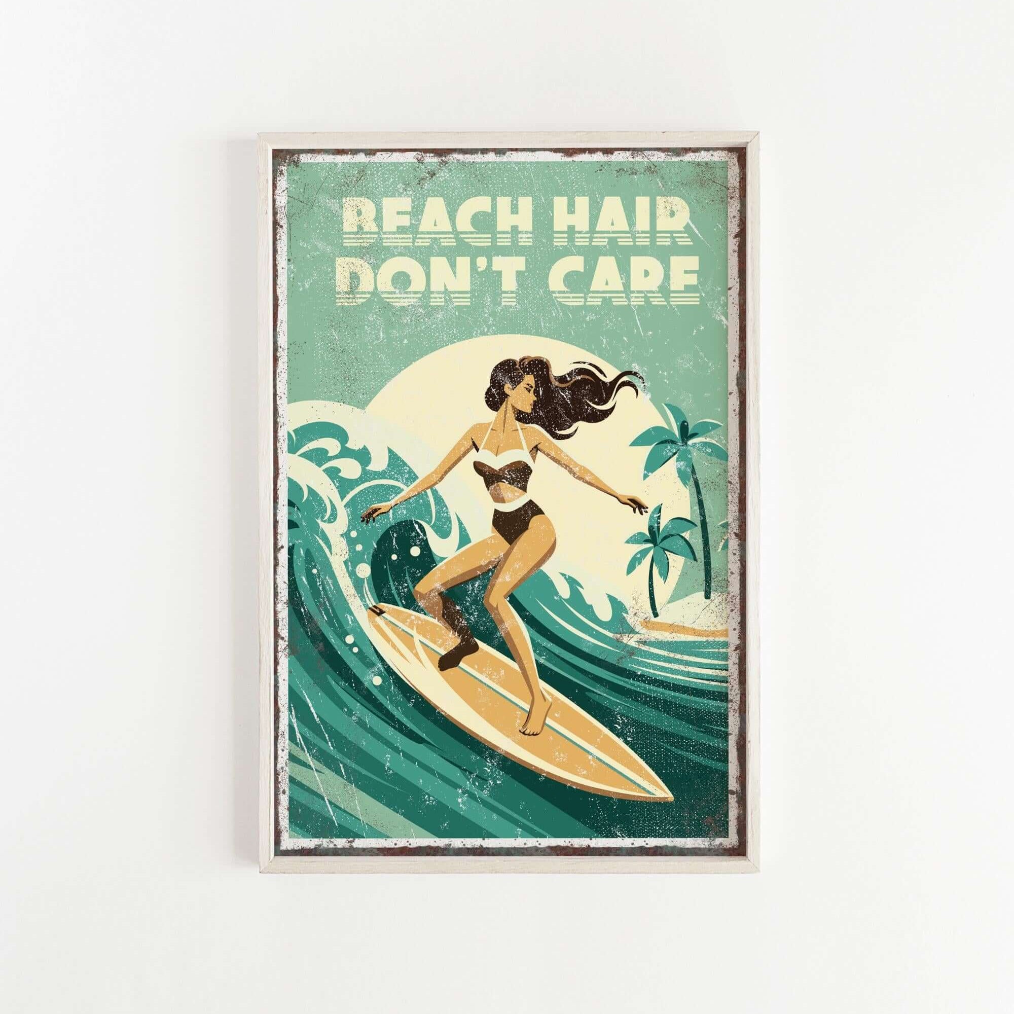 A vintage-style poster featuring a woman surfing on a wave, with the text "REACH HAIR DON'T CARE" prominently displayed.