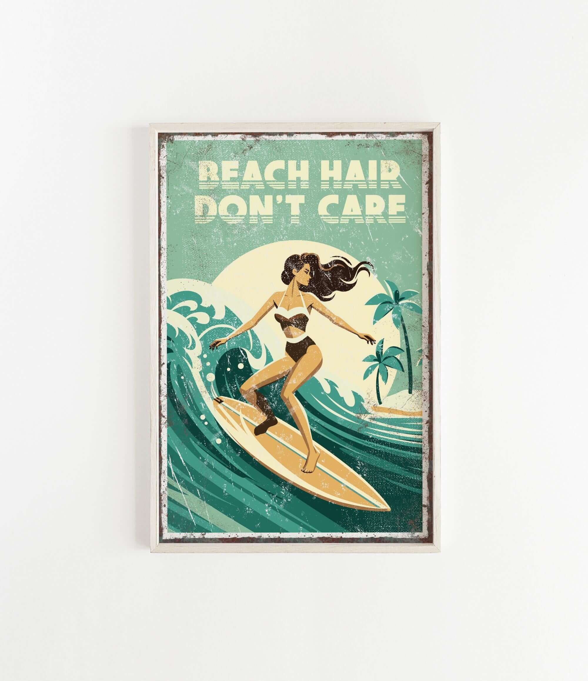 A vintage-style poster featuring a woman surfing on a wave, with the text "REACH HAIR DON'T CARE" prominently displayed.