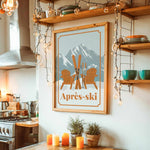 a cozy kitchen scene with a framed poster of a mountain landscape and skis hanging on the wall, surrounded by various kitchen items and decor.