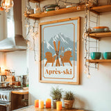 a cozy kitchen scene with a framed poster of a mountain landscape and skis hanging on the wall, surrounded by various kitchen items and decor.