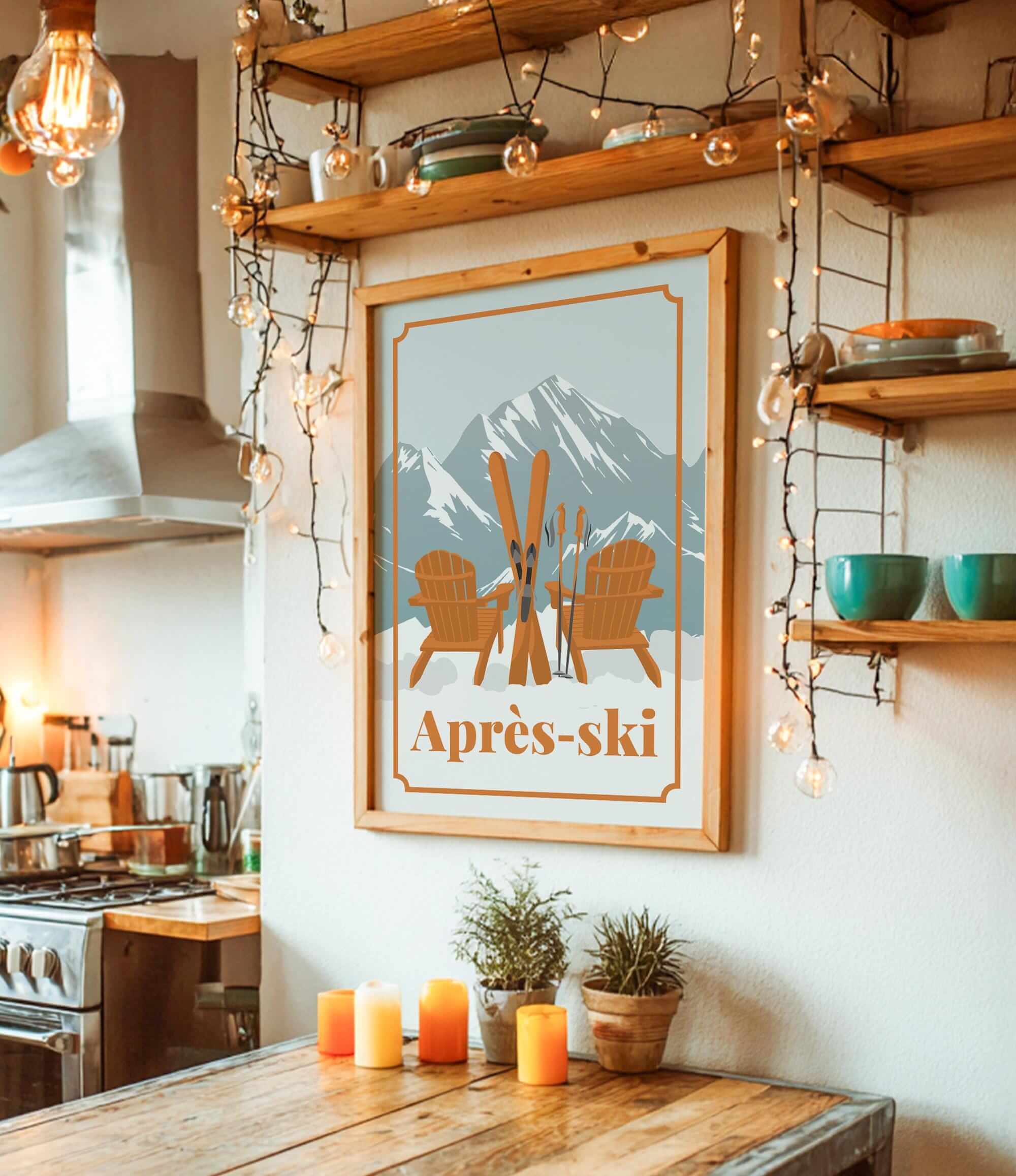 a cozy kitchen scene with a framed poster of a mountain landscape and skis hanging on the wall, surrounded by various kitchen items and decor.