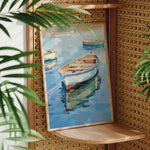 a painting of a small boat floating on a body of water, surrounded by lush green leaves.