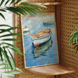 a painting of a small boat floating on a body of water, surrounded by lush green leaves.
