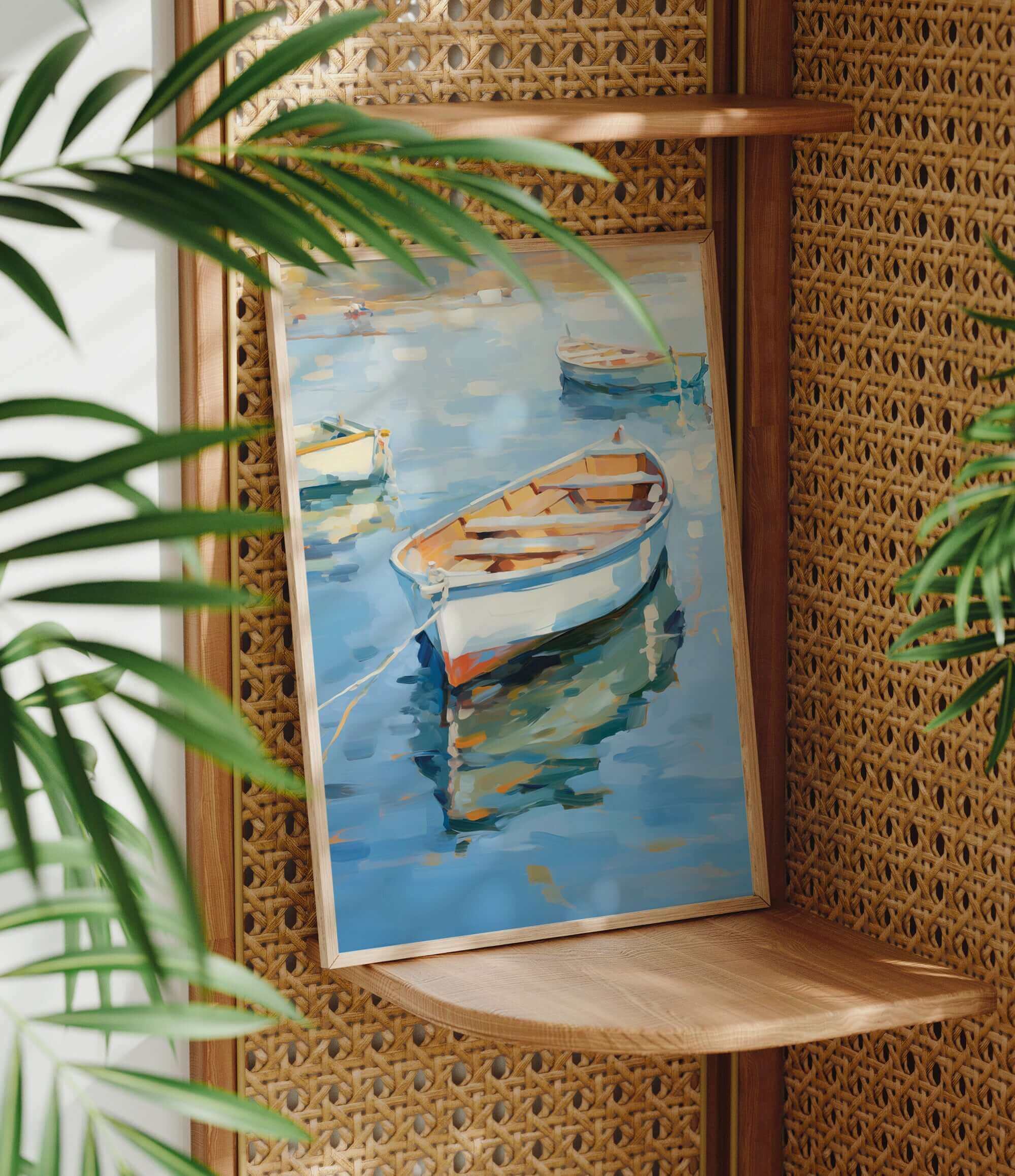 a painting of a small boat floating on a body of water, surrounded by lush green leaves.
