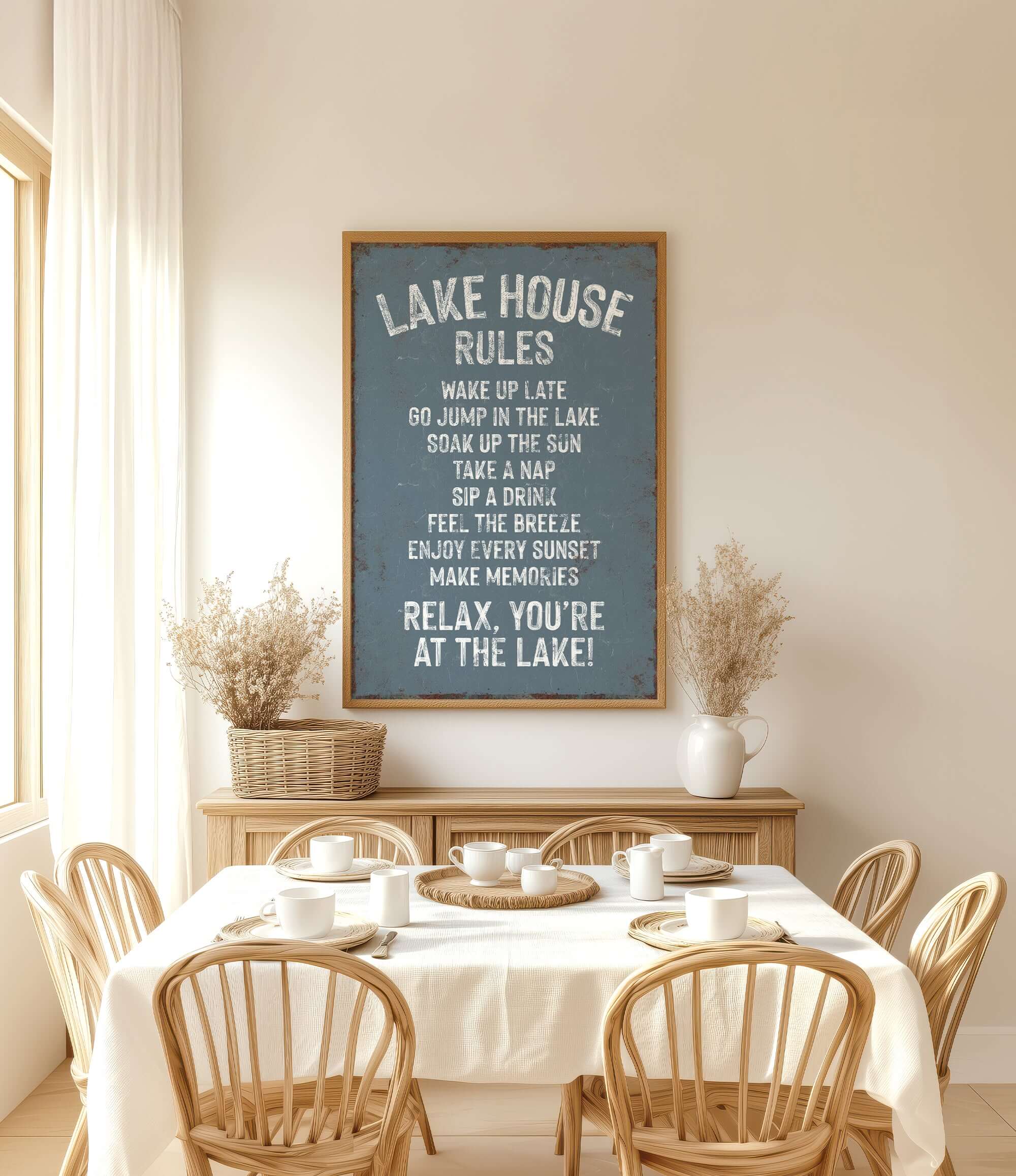 a dining room with a table set for a meal, surrounded by wooden chairs. Above the table, there is a framed sign with a list of rules for the lake house, including instructions for guests to relax, enjoy the sunset, and make memories.