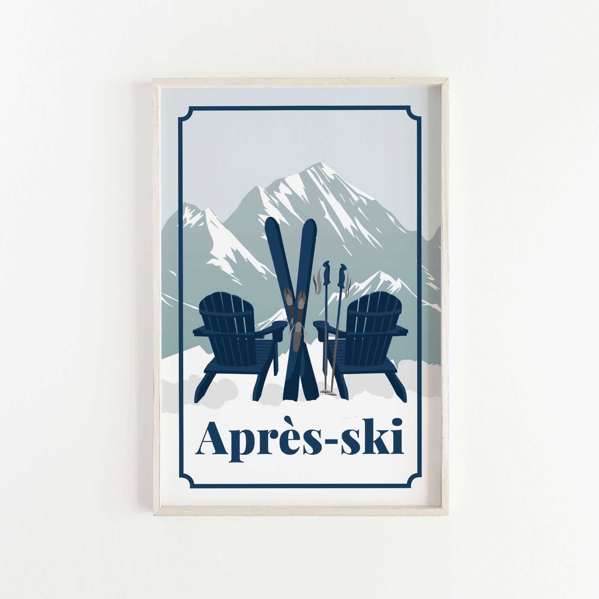 A framed print featuring a pair of blue Adirondack chairs with skis and poles, set against a snowy mountain backdrop.