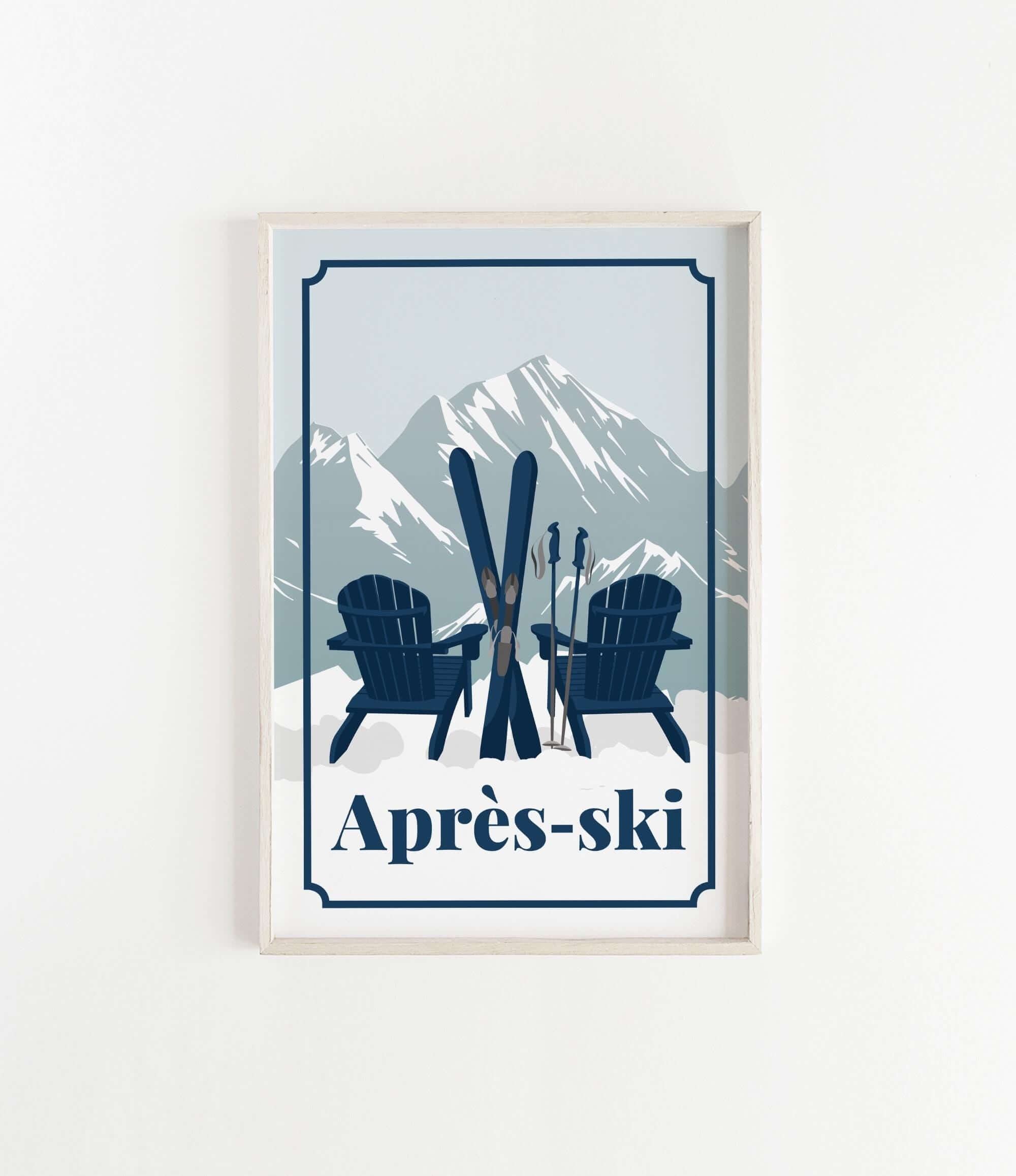 A framed print featuring a pair of blue Adirondack chairs with skis and poles, set against a snowy mountain backdrop.