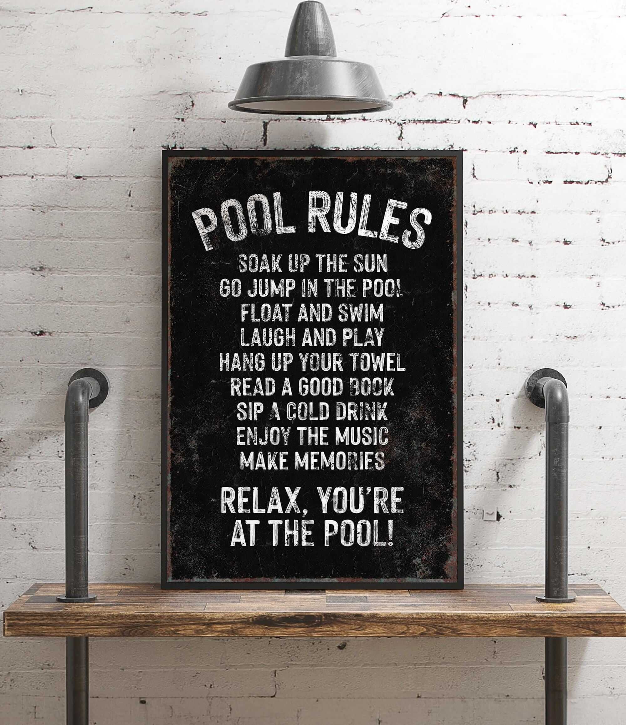 a sign on a shelf in a room