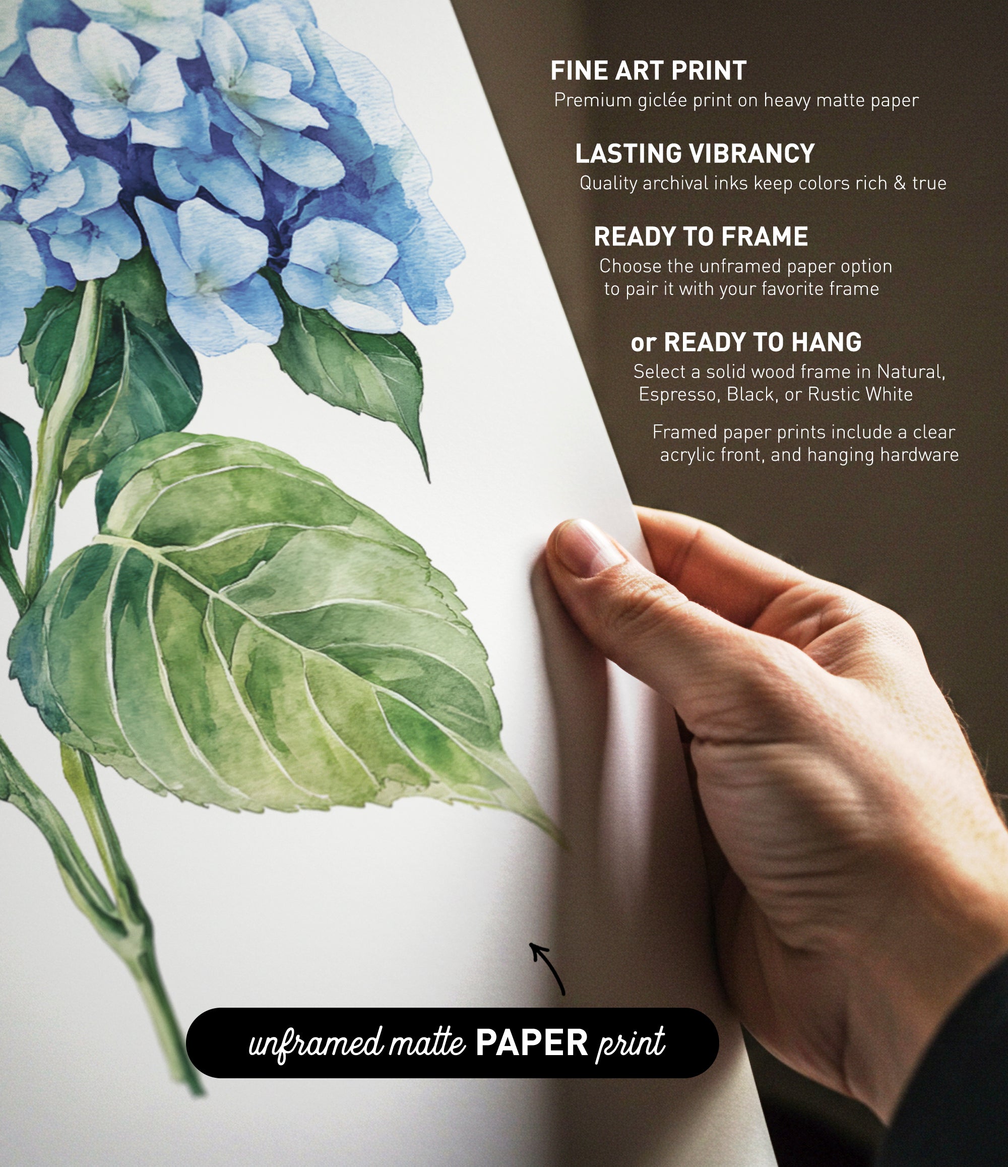 The image is a collage of various watercolor paintings, including a close-up of a blue hydrangea flower and a hand holding a piece of paper with a framed print of a blue hydrangea flower.