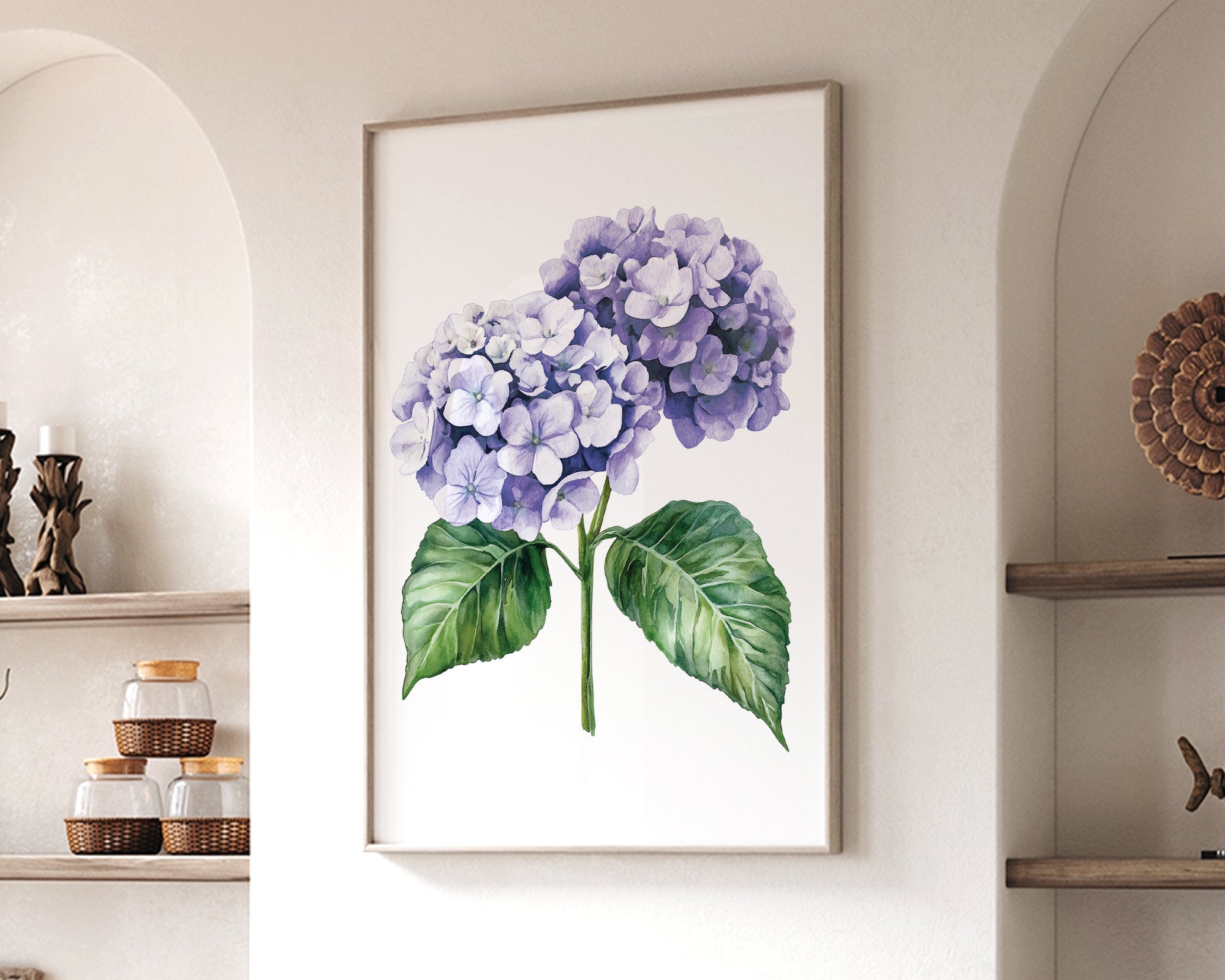 a framed painting of a purple hydrangea flower hanging on a wall in a living room.
