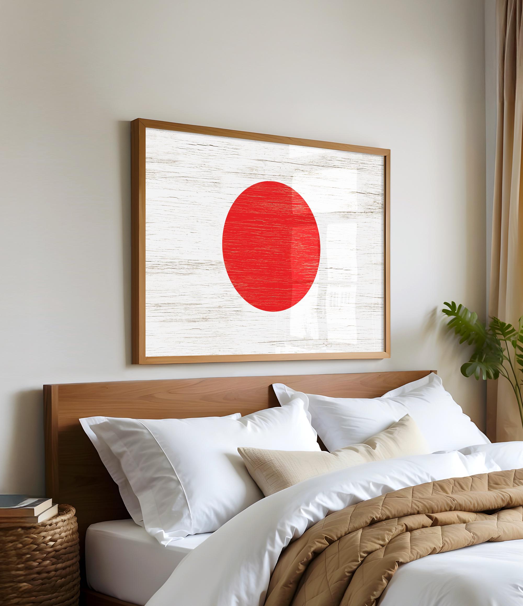 a bed with white sheets and a red circle on the wall