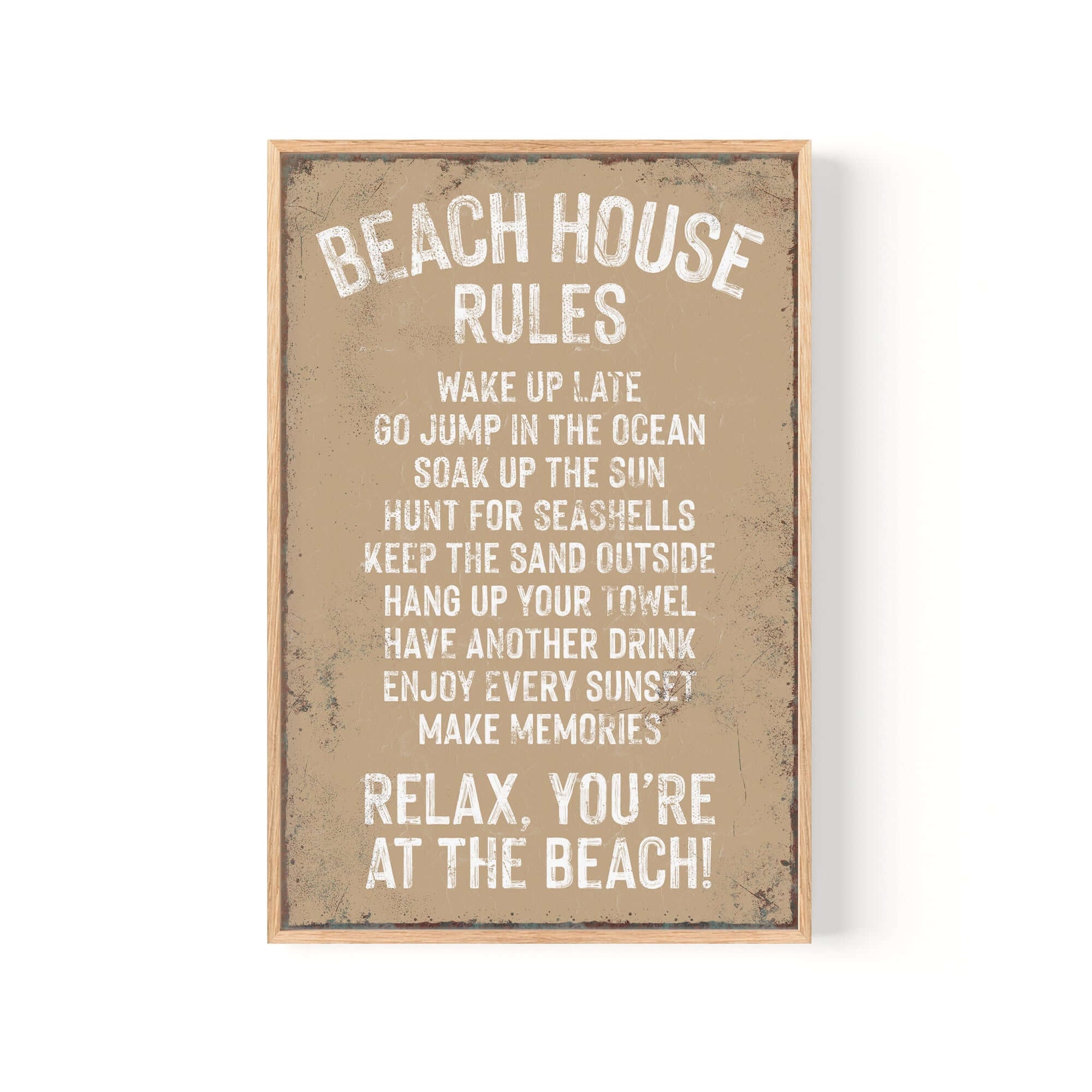Add charm to your home with the Beach House Rules Sign in Latte, featuring fun beach reminders in white text on a tan background and rusted edge for a vintage look—perfect wall decor for any space.