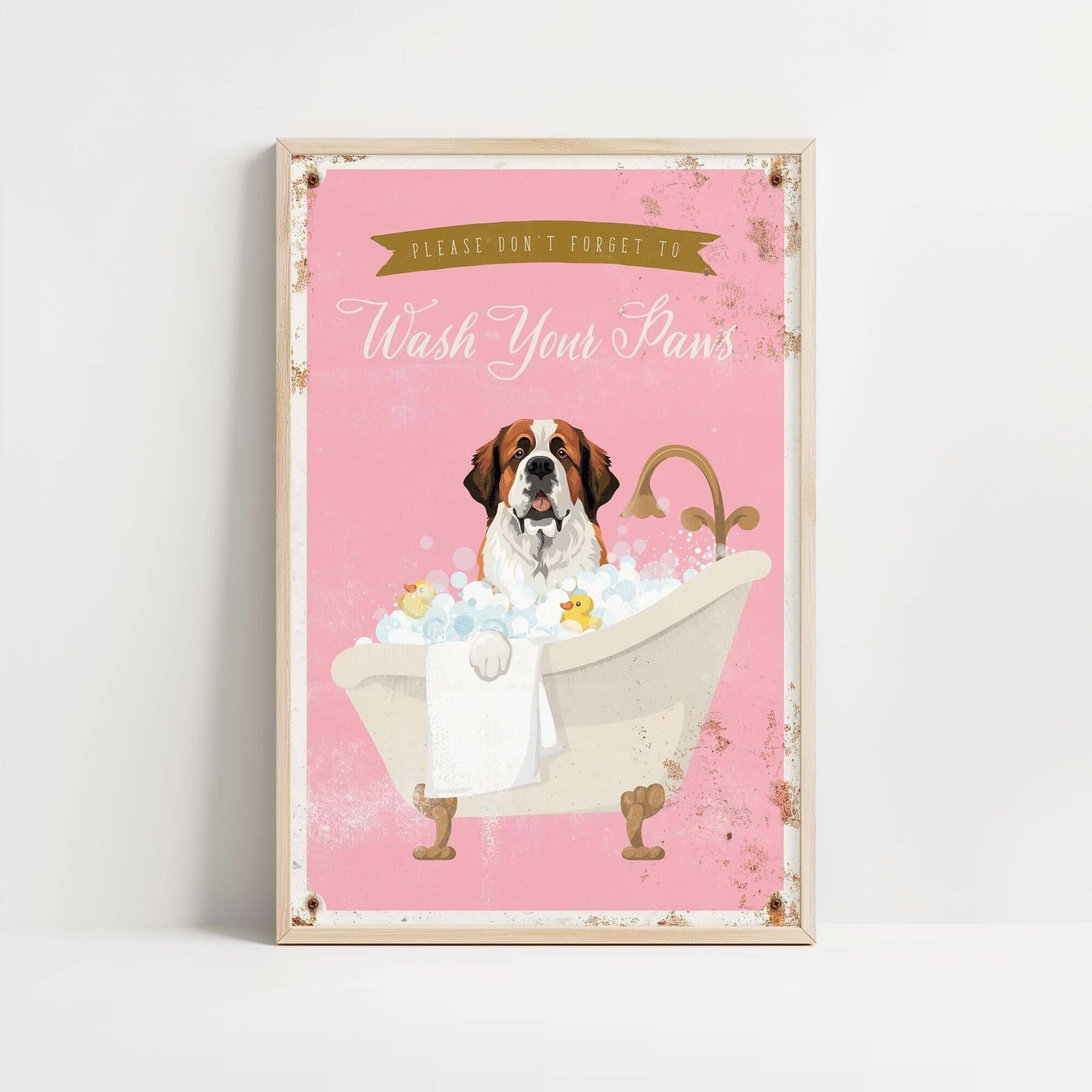 A framed poster with a cartoon image of a dog sitting in a bathtub filled with bubbles, accompanied by the text "Please don't forget to wash your paws".