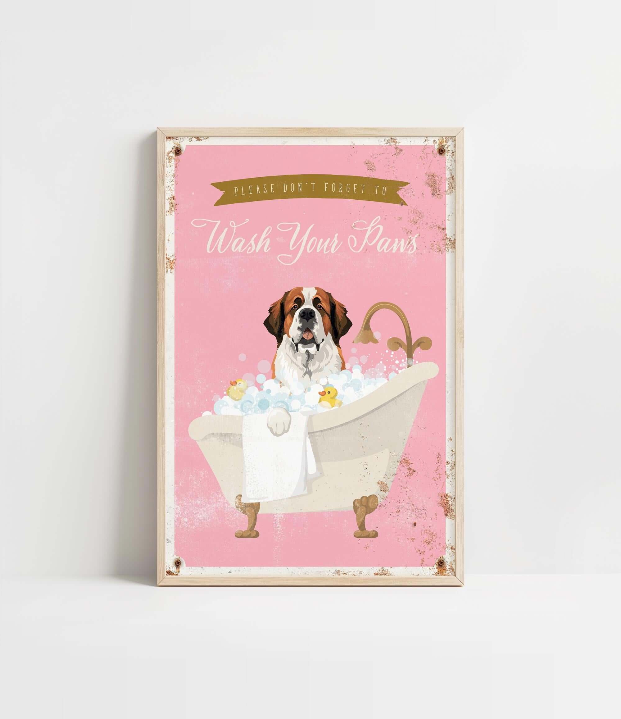 A framed poster with a cartoon image of a dog sitting in a bathtub filled with bubbles, accompanied by the text "Please don't forget to wash your paws".