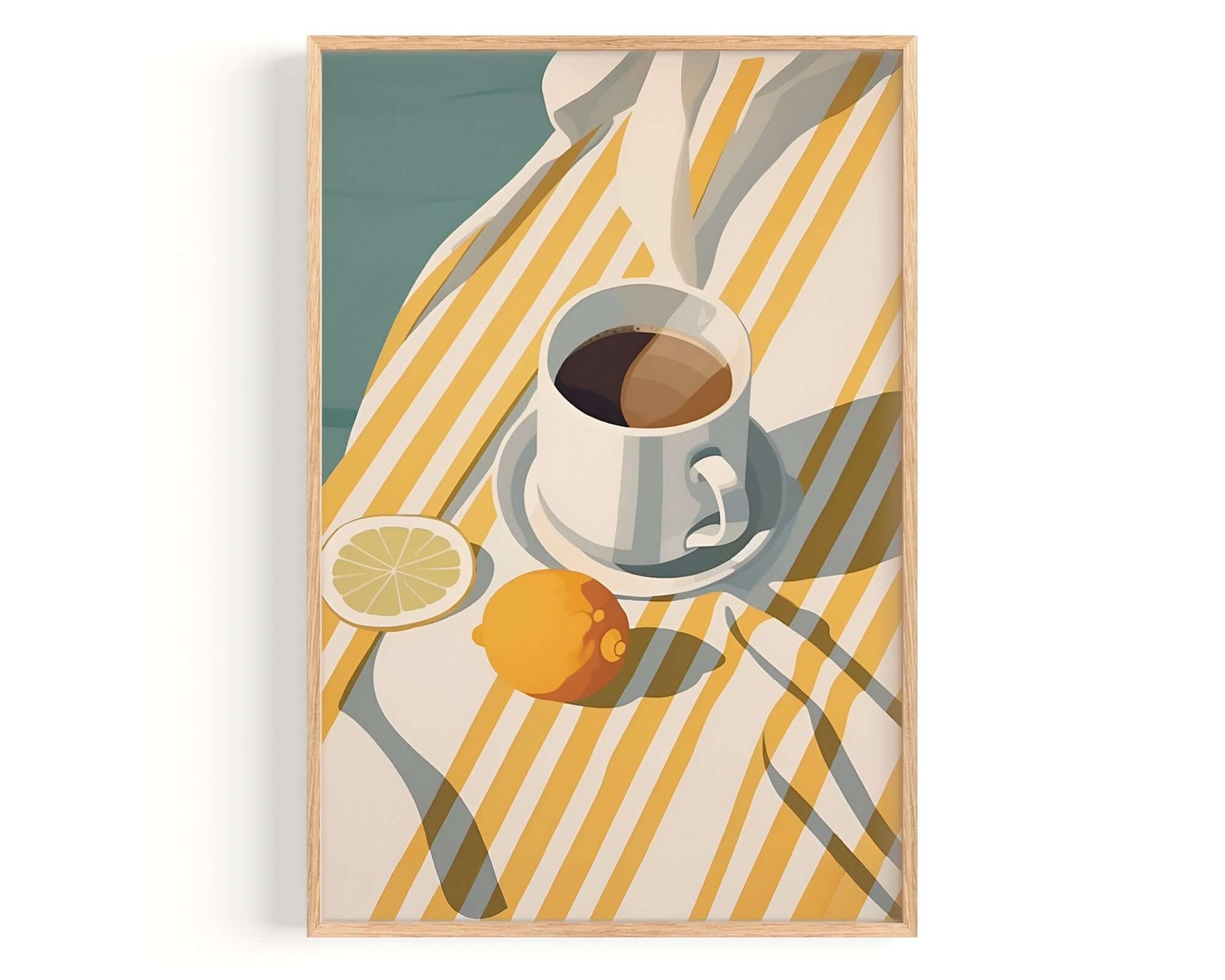 A framed illustration depicting a cup of coffee, a slice of lemon, and a napkin on a striped tablecloth.