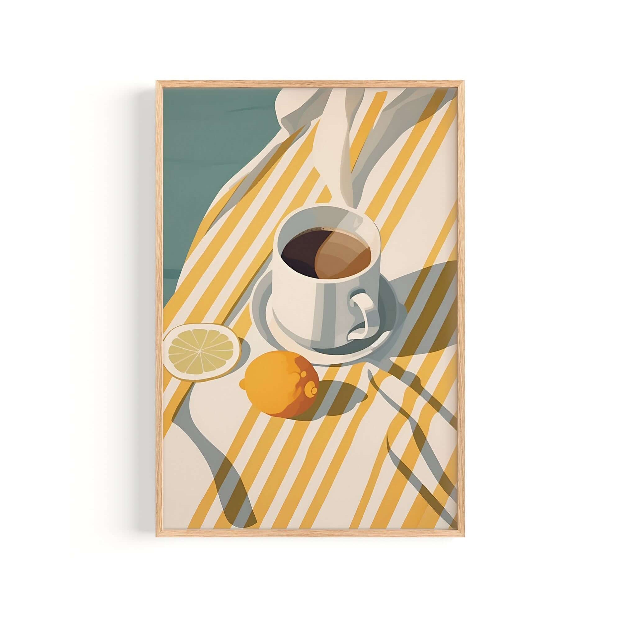 A framed illustration depicting a cup of coffee, a slice of lemon, and a napkin on a striped tablecloth.