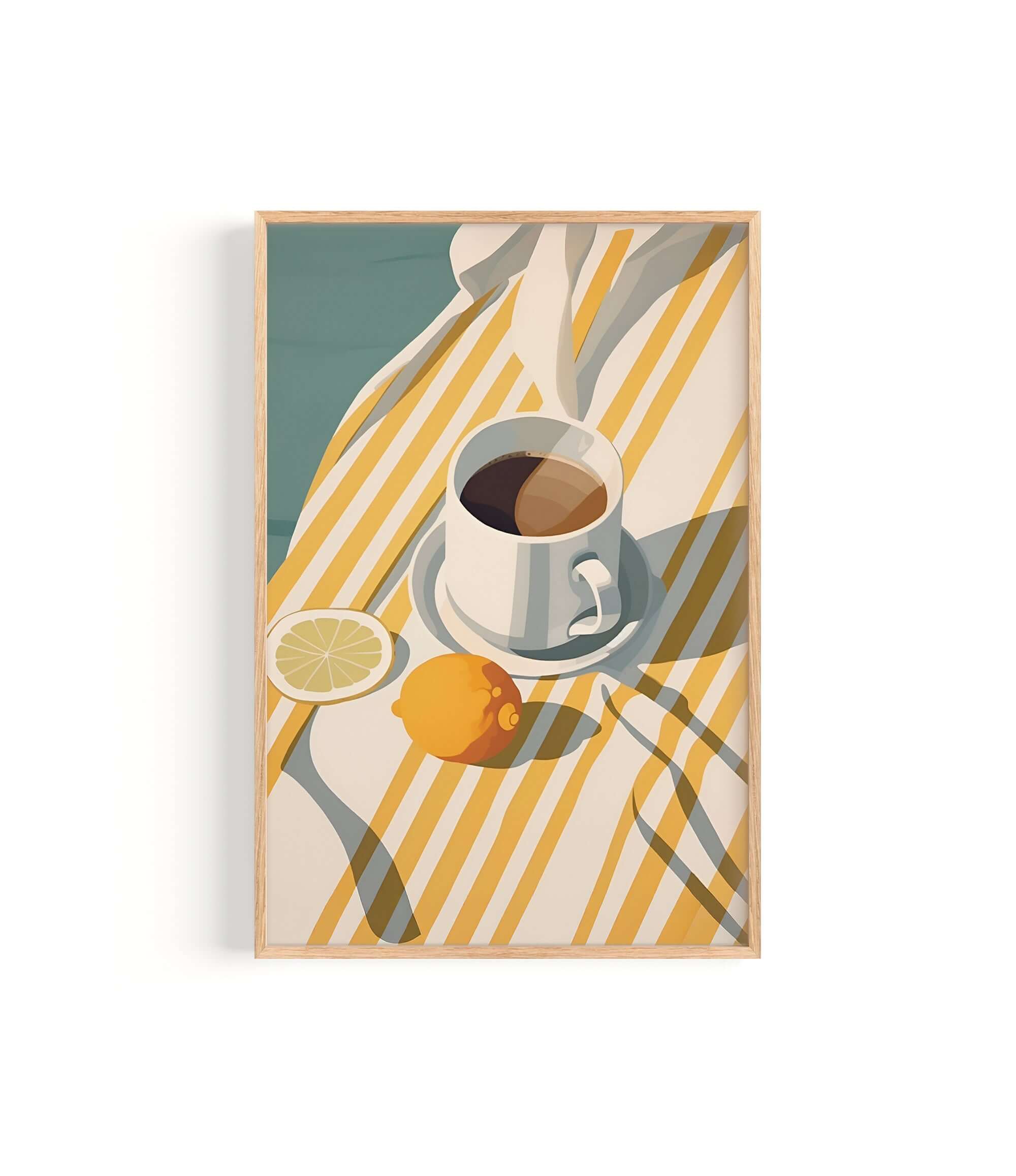 A framed illustration depicting a cup of coffee, a slice of lemon, and a napkin on a striped tablecloth.