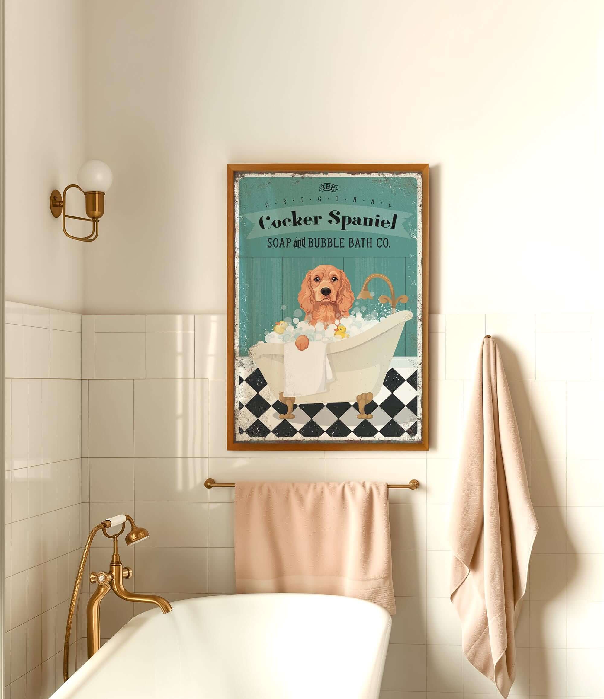a framed poster of a cocker spaniel in a bathtub, with a towel and towel rack visible in the foreground.
