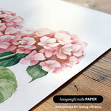 a close-up view of a watercolor painting of pink hydrangea flowers on a white background.