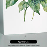 The image is an aluminum print featuring a watercolor painting of a blue hydrangea flower with green leaves.