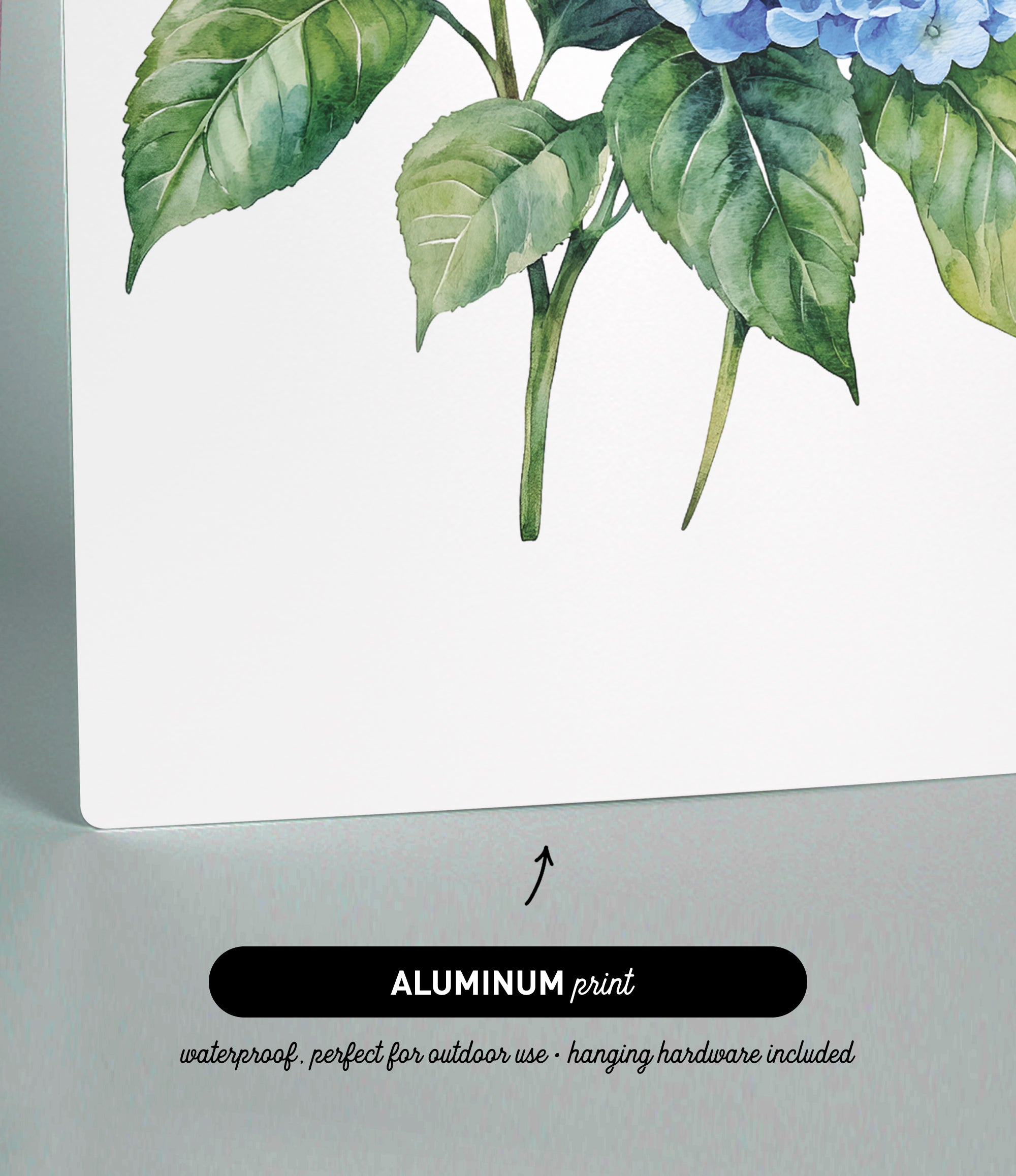 The image is an aluminum print featuring a watercolor painting of a blue hydrangea flower with green leaves.