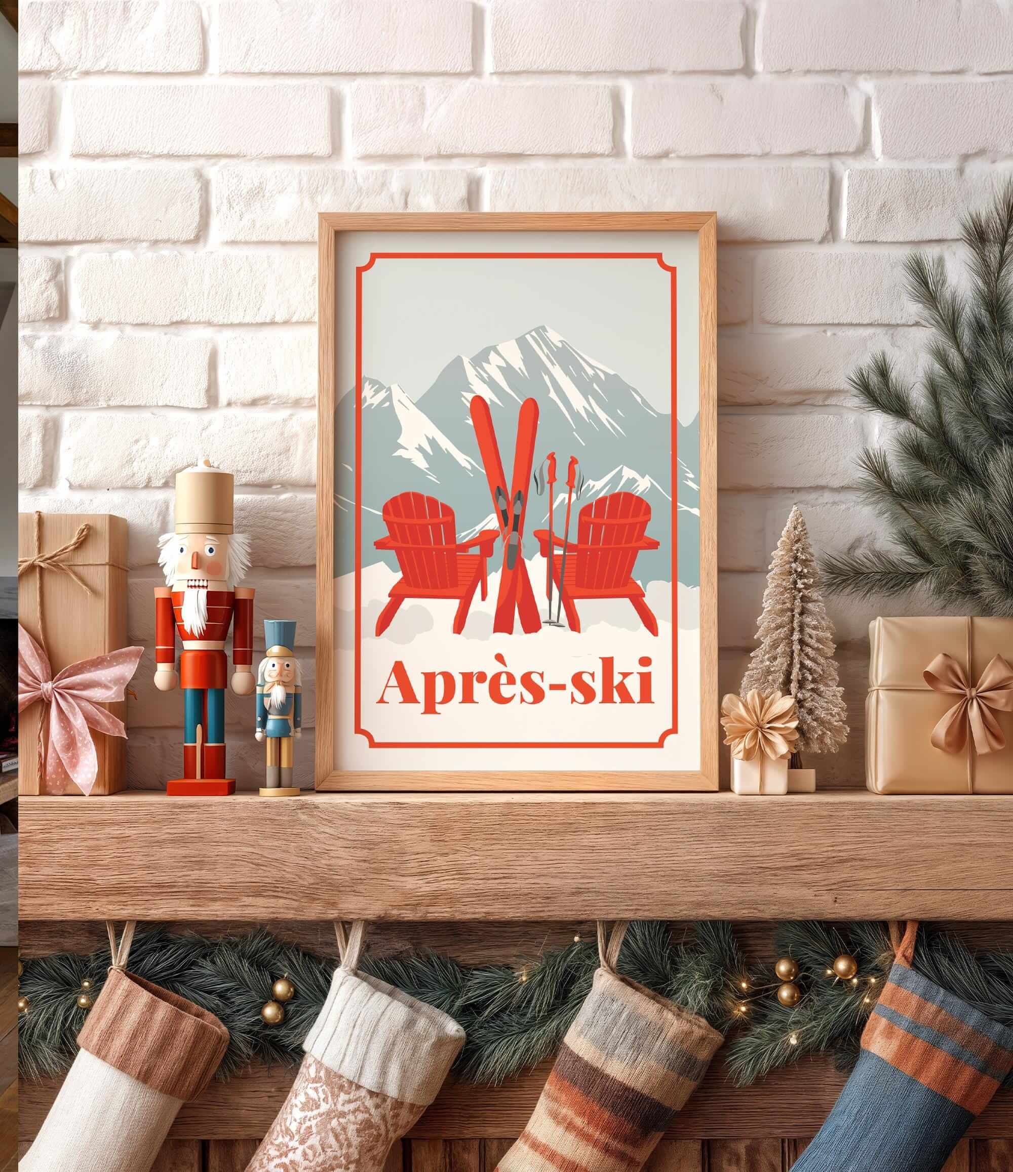 A framed poster of a snowy mountain landscape with a pair of skis and two red Adirondack chairs, placed on a wooden shelf above a collection of Christmas stockings.