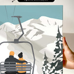 a couple sitting on a ski lift, enjoying the snowy mountain landscape below.