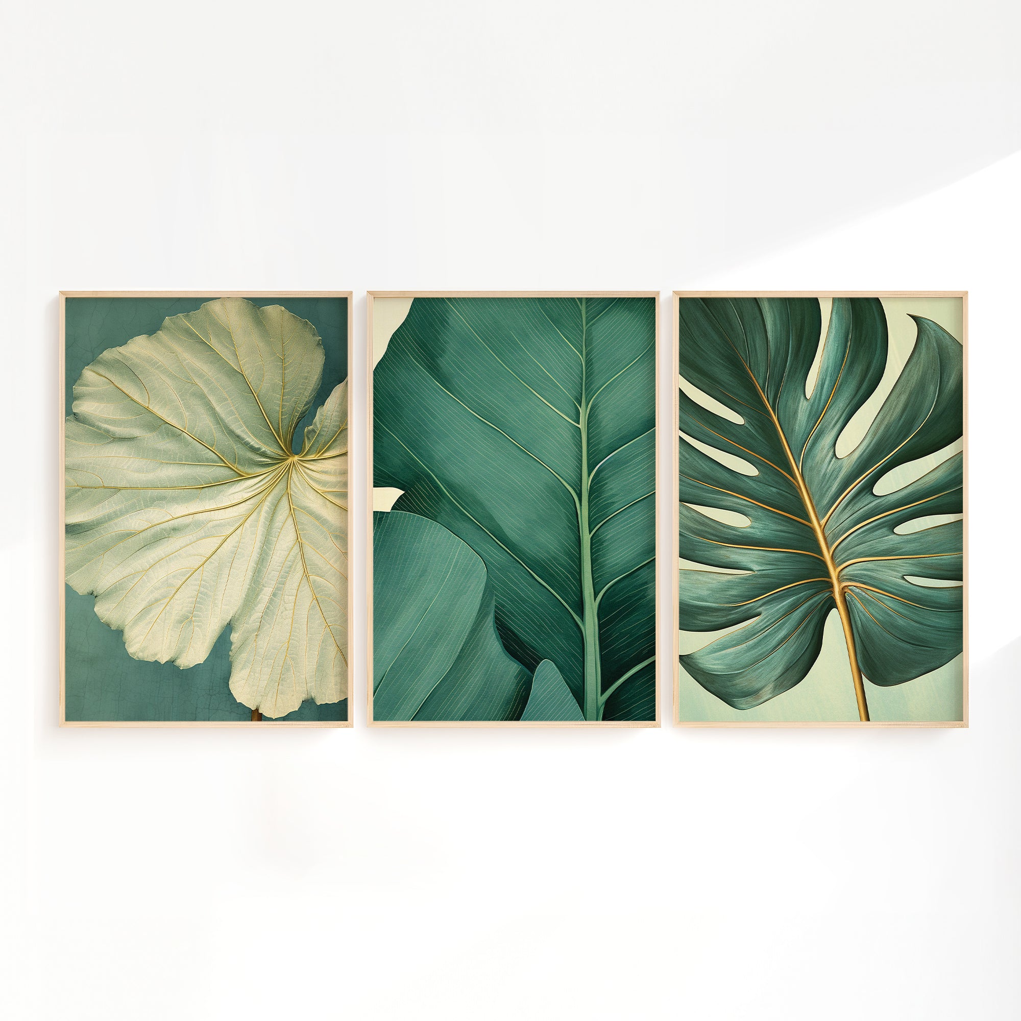 three framed botanical illustrations of tropical leaves, each with a distinct color scheme and leaf shape.
