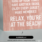 Beach House Rules Sign, Painted Wood, Coral—features beach-themed text on a pink background; arrow points to "Aluminum print" label. Perfect coastal wall art for your beach house decor.