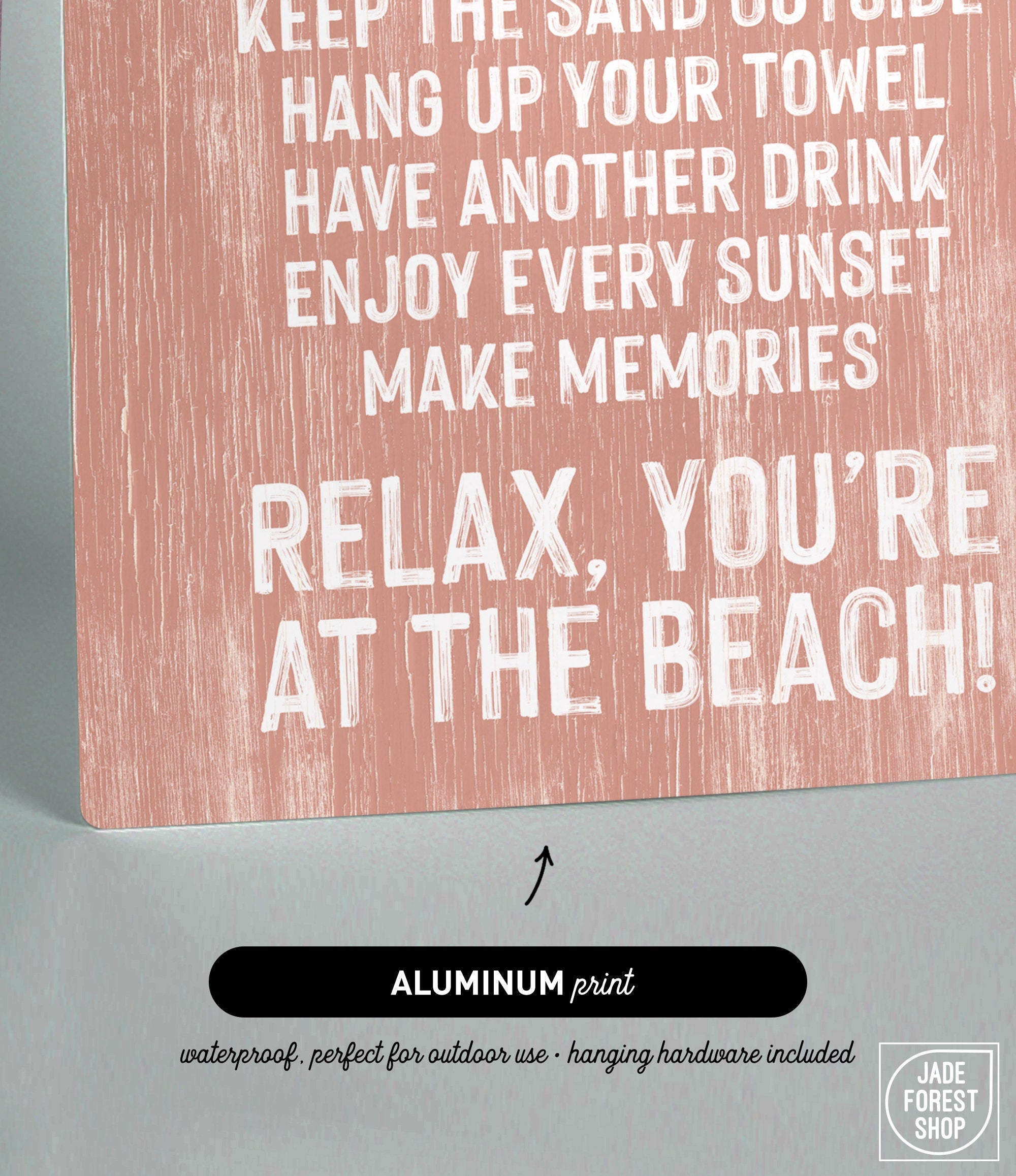 Beach House Rules Sign, Painted Wood, Coral—features beach-themed text on a pink background; arrow points to "Aluminum print" label. Perfect coastal wall art for your beach house decor.