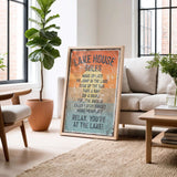 a framed sign with a list of rules for a lake house, including activities such as waking up late, jumping in the lake, taking a nap, drinking, and enjoying the sun.