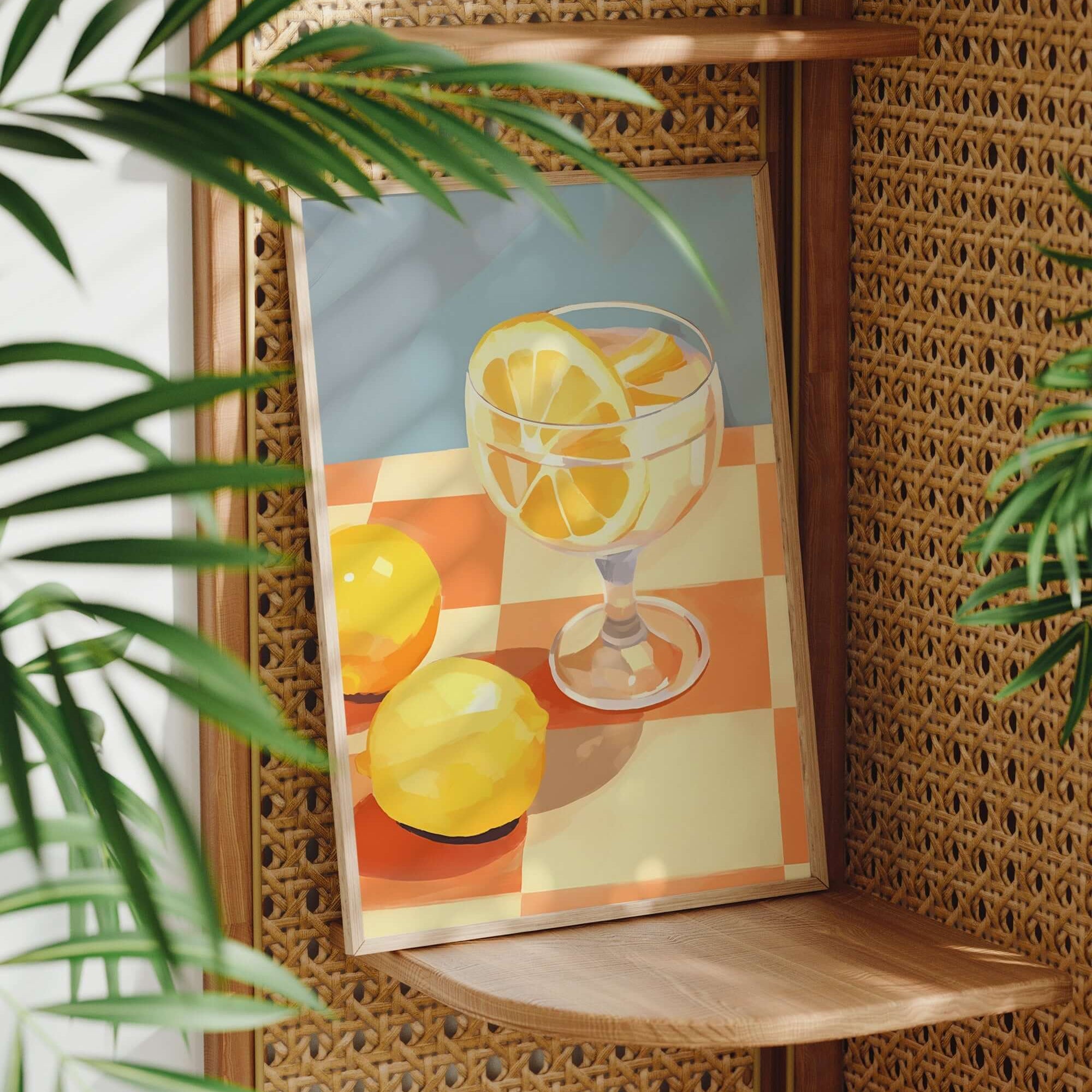 a framed painting of a glass of lemonade with lemon slices, set against a checkered tablecloth.