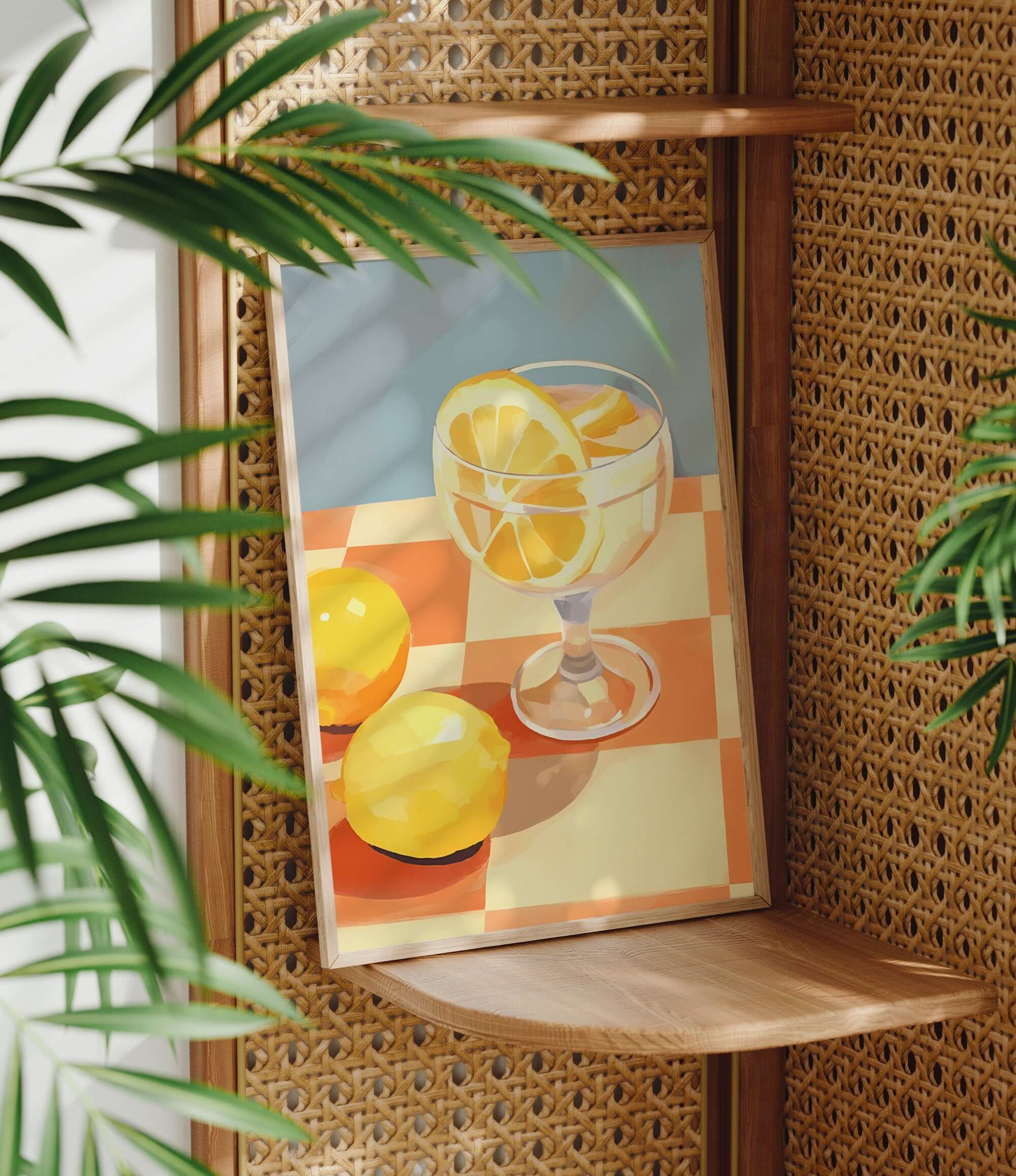 a framed painting of a glass of lemonade with lemon slices, set against a checkered tablecloth.
