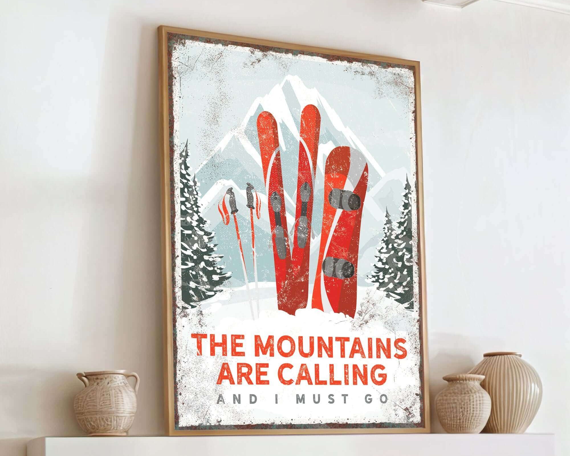 a picture of skis on a fireplace mantel