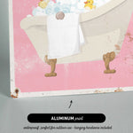 The image is an aluminum print depicting a bathtub filled with bubbles, with a rubber duck and towel inside.