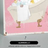 The image is an aluminum print depicting a bathtub filled with bubbles, with a rubber duck and towel inside.