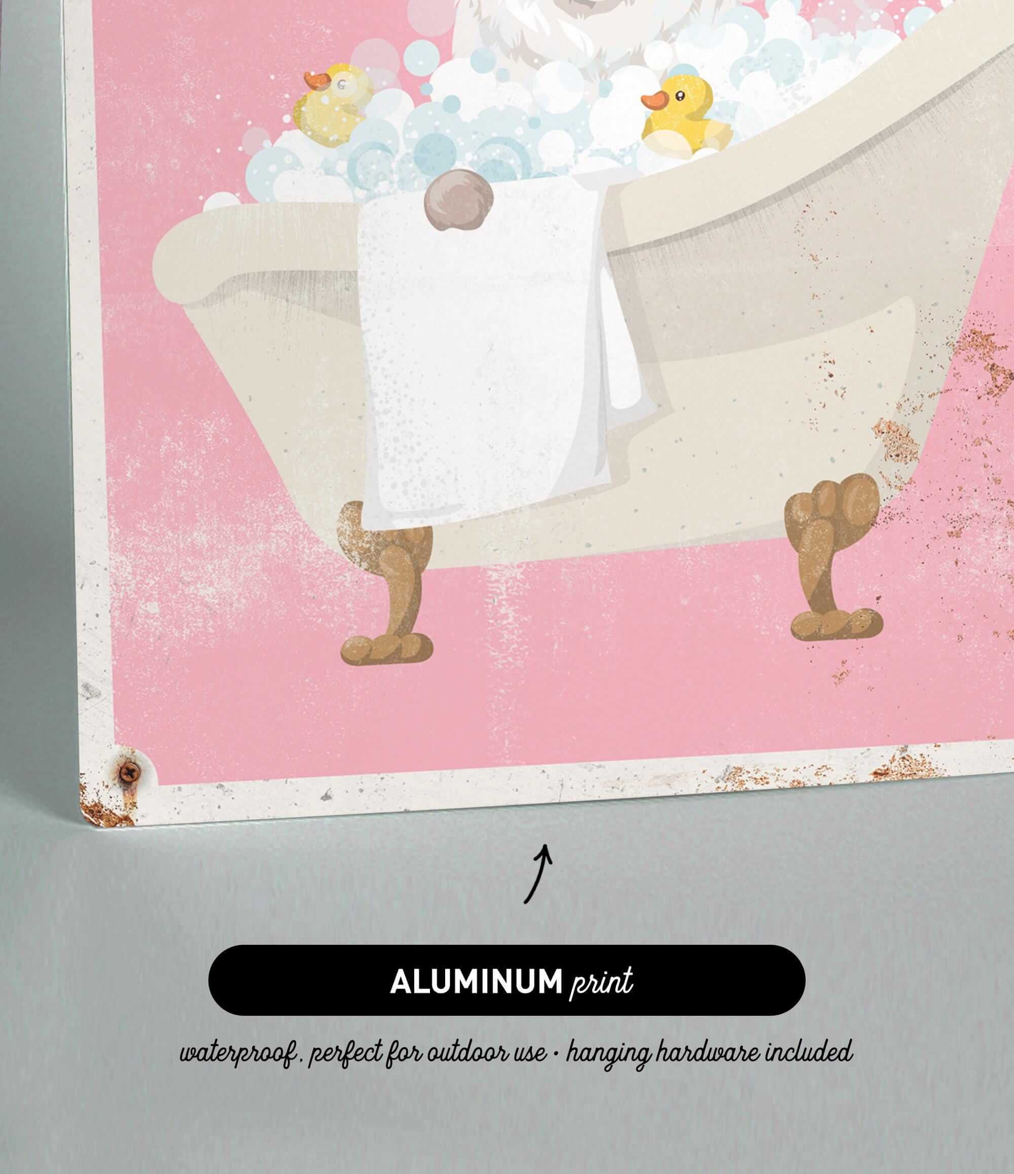 The image is an aluminum print depicting a bathtub filled with bubbles, with a rubber duck and towel inside.
