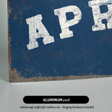 The image is an aluminum print with a textured blue background and white text.