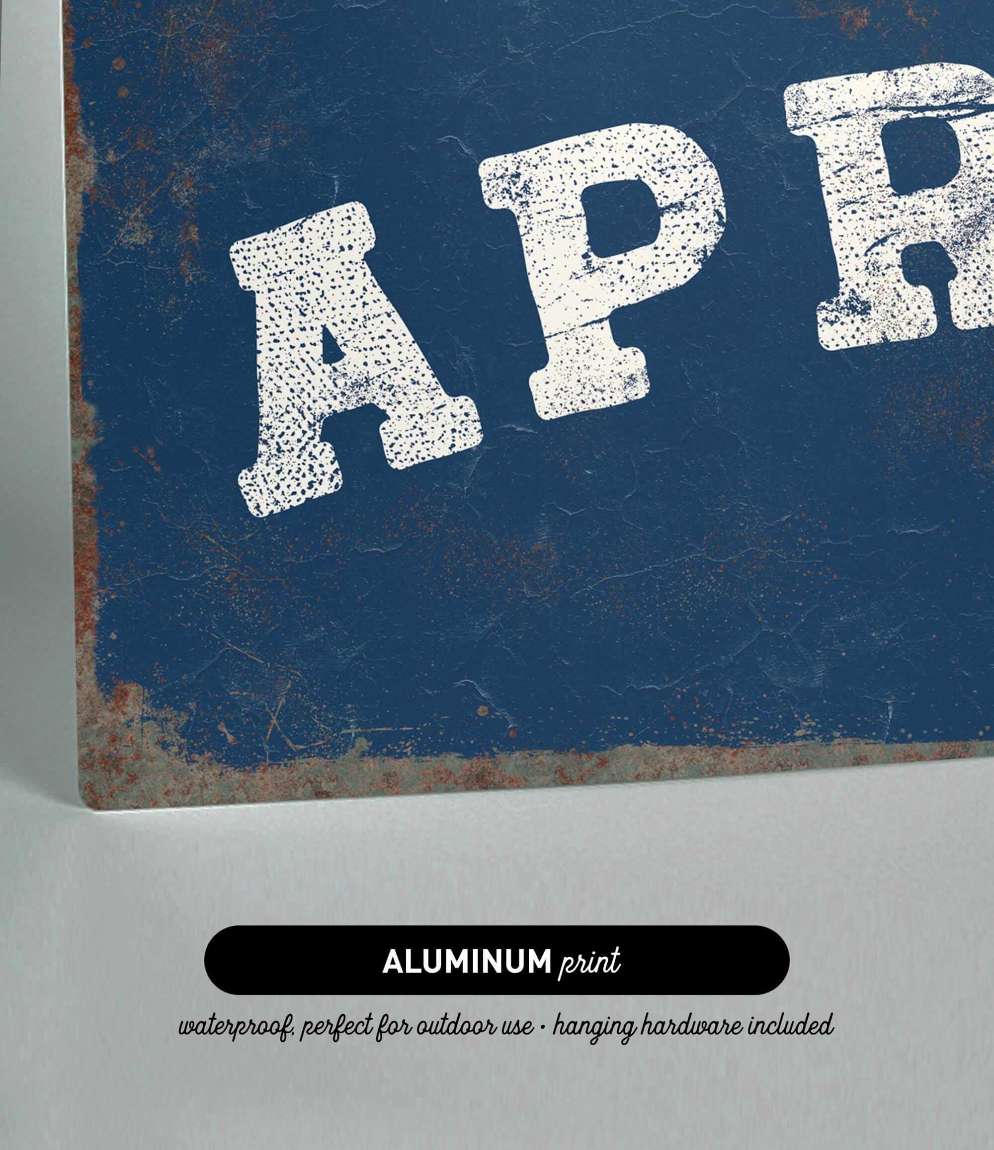 The image is an aluminum print with a textured blue background and white text.