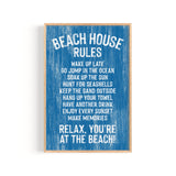 The Beach House Rules Sign in painted ocean blue wood displays relaxed coastal guidelines with white text, including "Relax, you're at the beach!"—the perfect piece of coastal wall art.