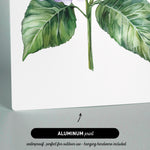 The image is an aluminum print featuring a watercolor painting of a flower with green leaves.