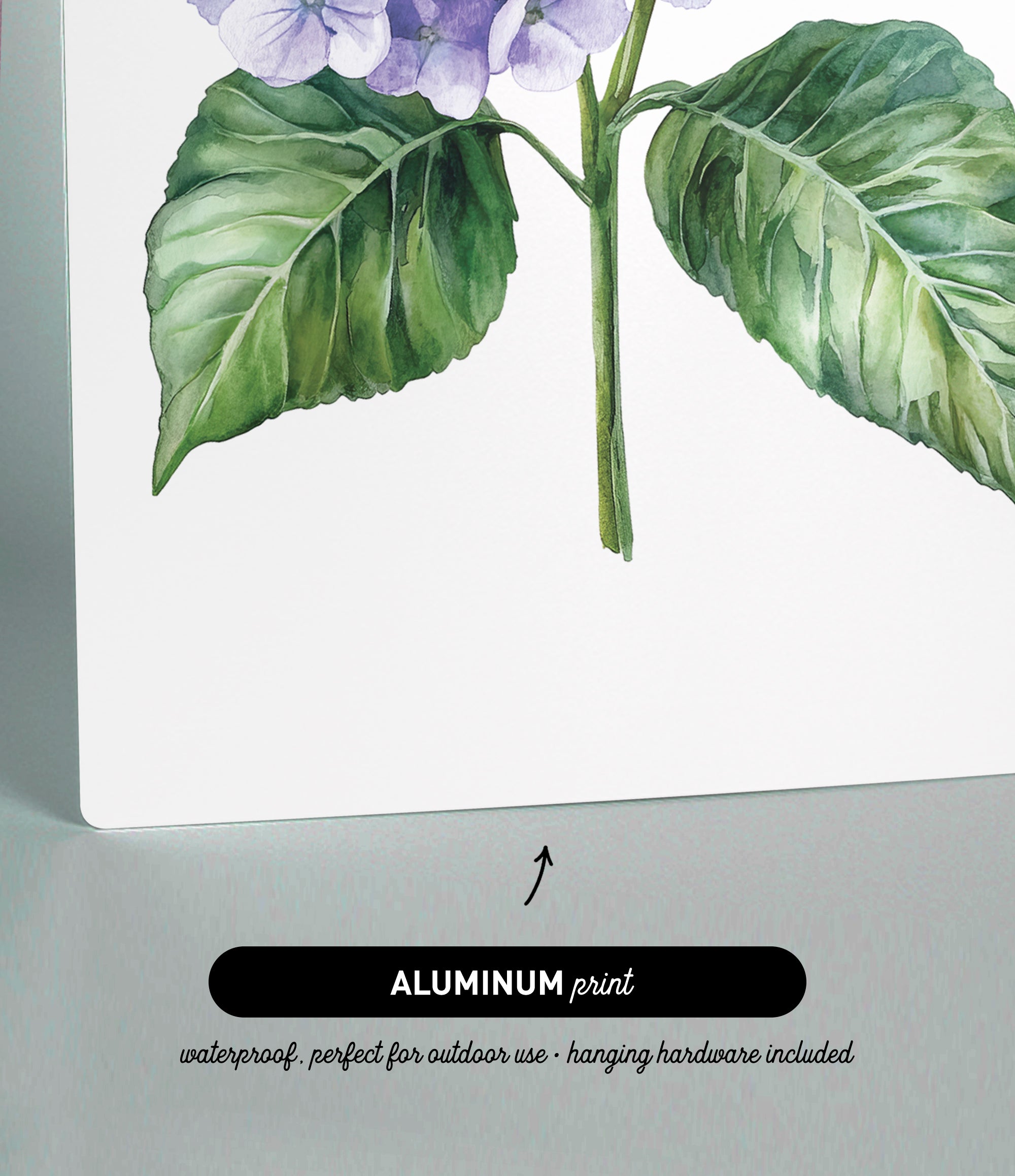 The image is an aluminum print featuring a watercolor painting of a flower with green leaves.