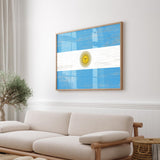 a living room with a white couch and a blue and white flag on the wall