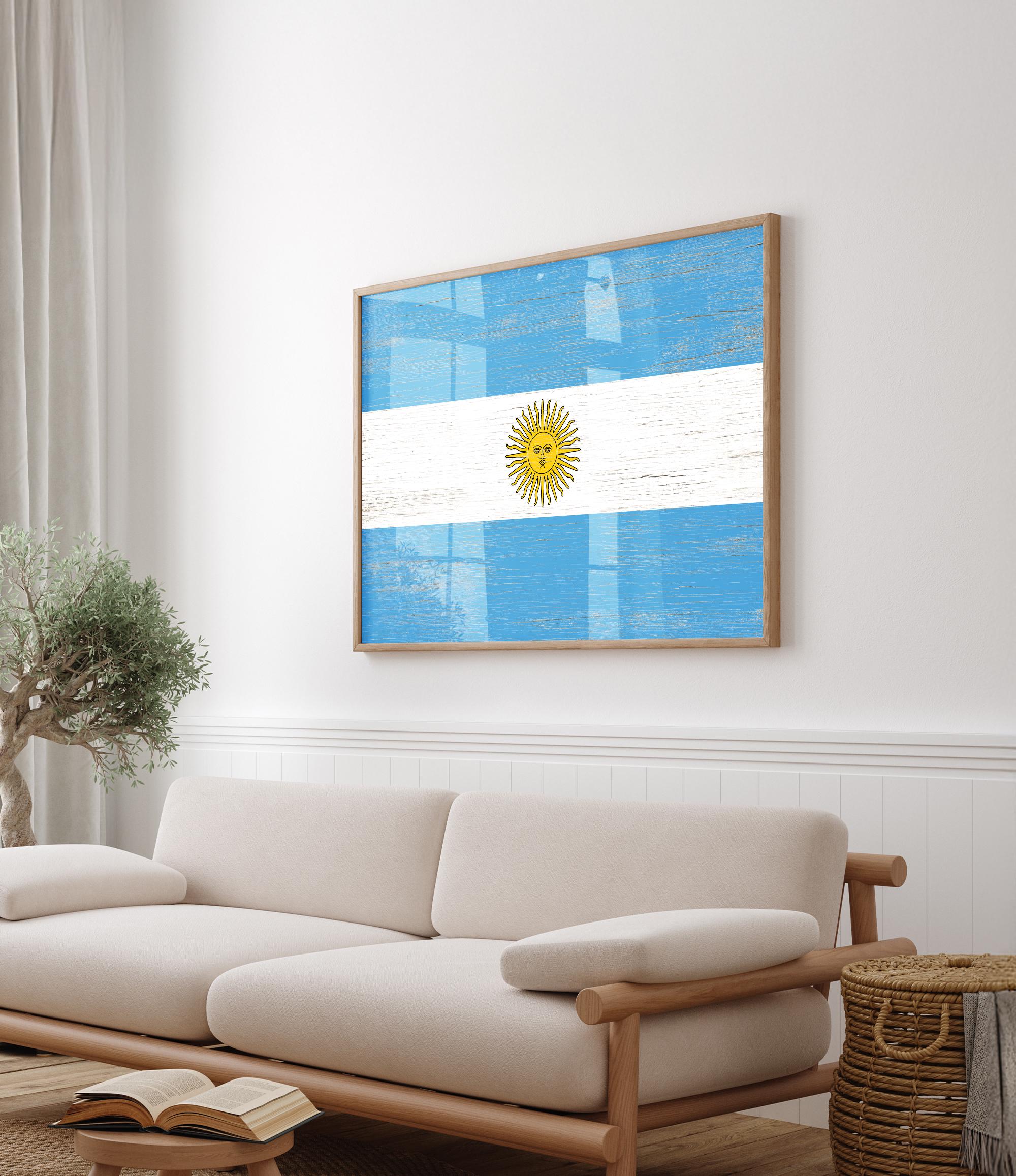 a living room with a white couch and a blue and white flag on the wall