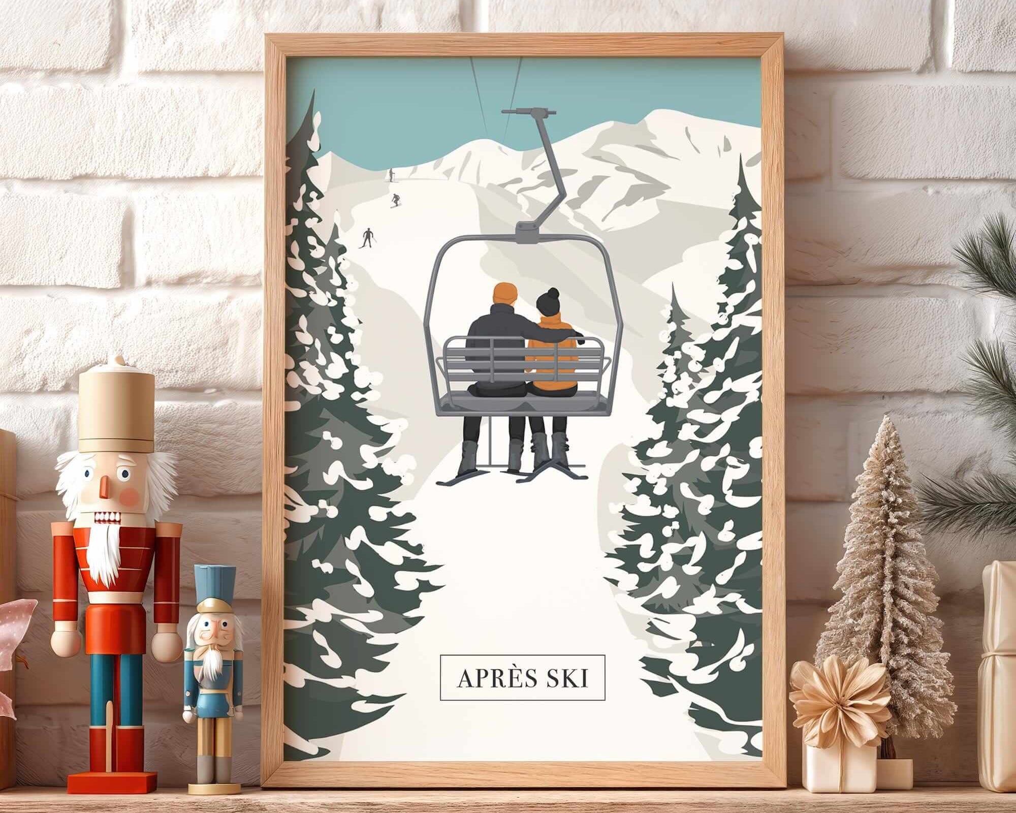 A framed illustration of a couple on a ski lift, surrounded by snow-covered pine trees, is displayed on a shelf with a nutcracker and other holiday decorations.