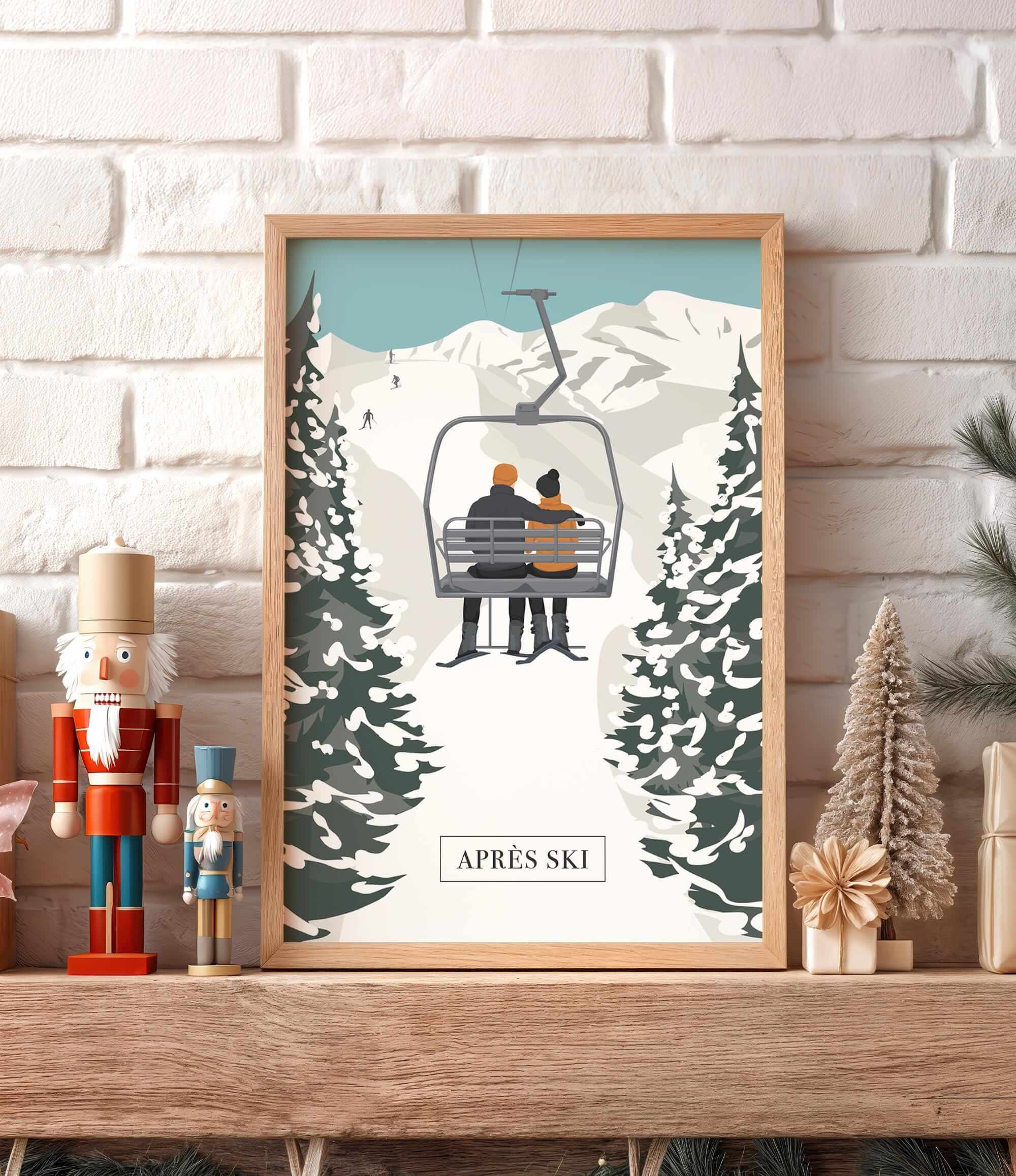 A framed illustration of a couple on a ski lift, surrounded by snow-covered pine trees, is displayed on a shelf with a nutcracker and other holiday decorations.