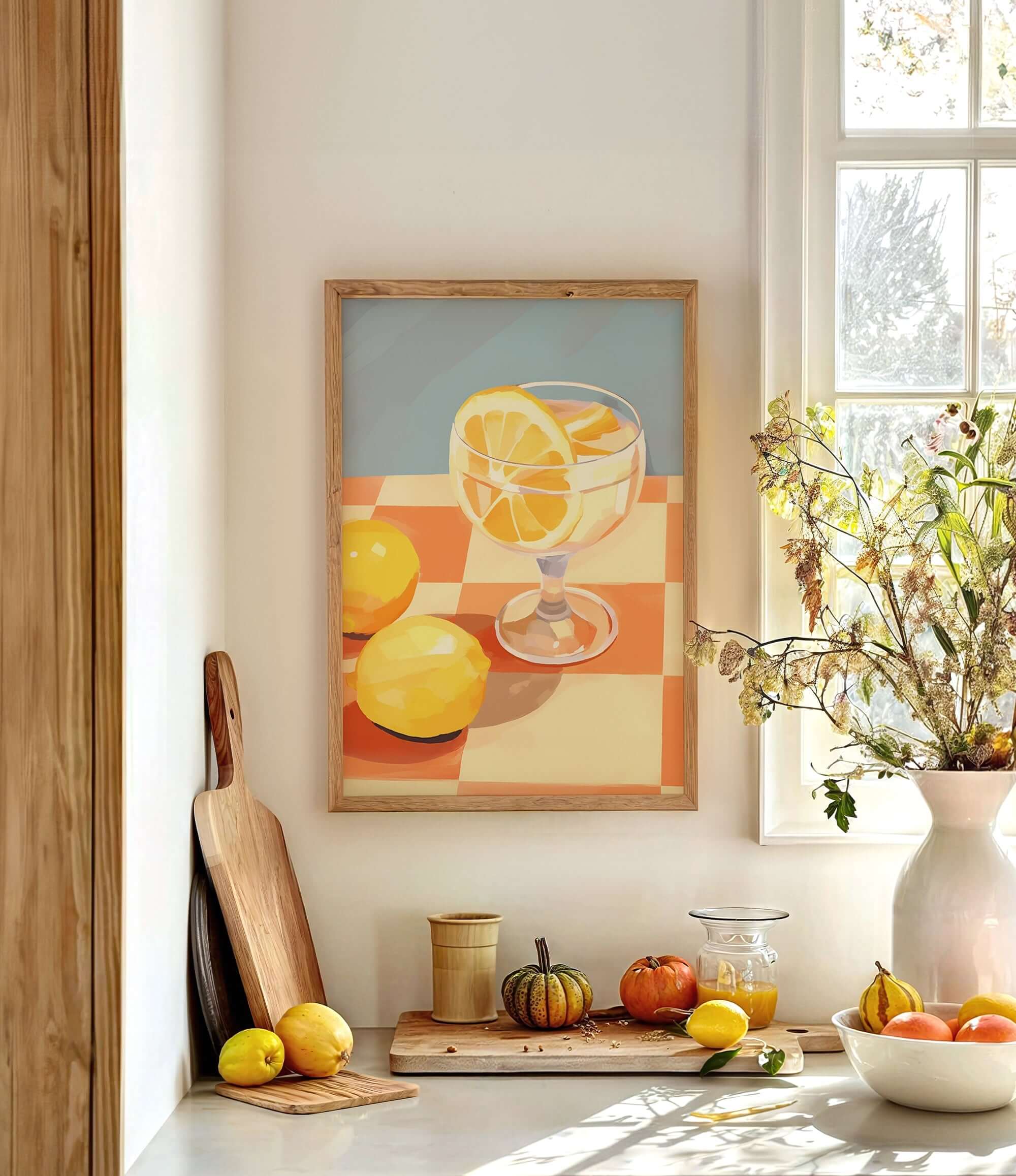 a kitchen counter with a framed painting of lemons and a glass of lemonade, a wooden cutting board, a vase of flowers, and various fruits and vegetables.