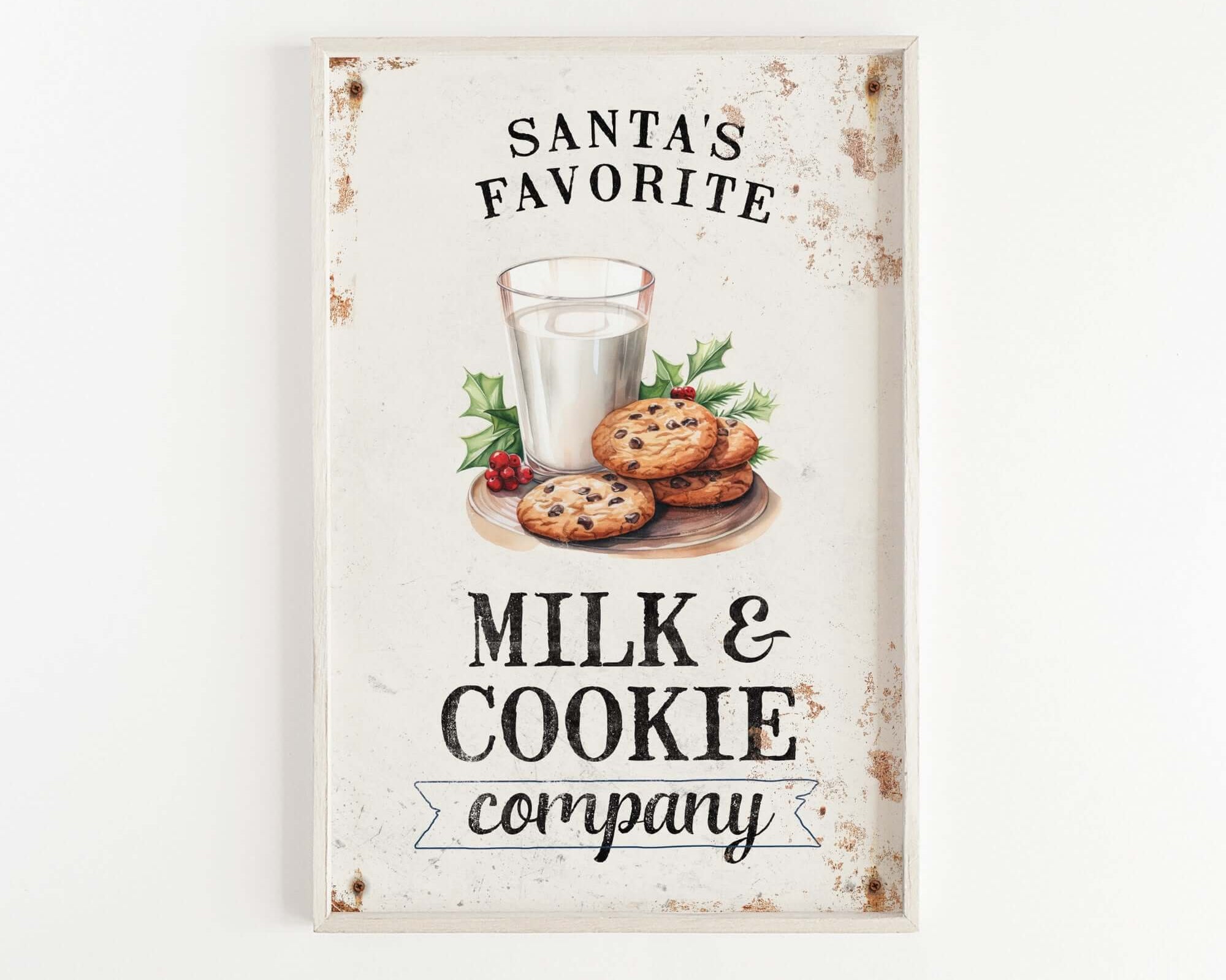 a sign advertising milk and cookies on a white wall