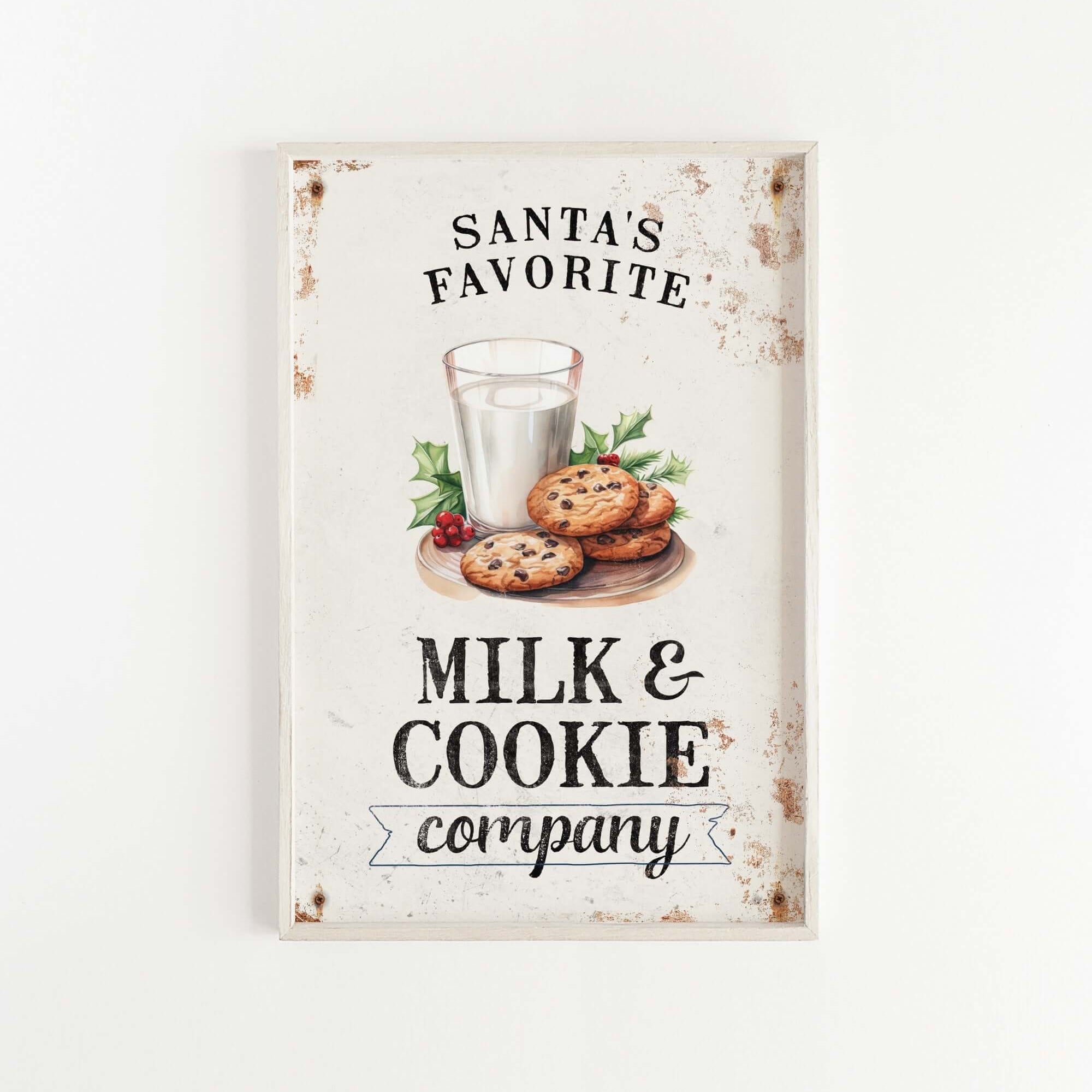 a sign advertising milk and cookies on a white wall